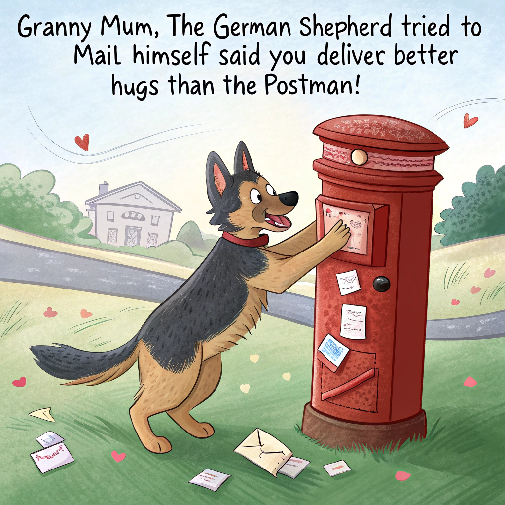 At the top of the image, "Granny / Mum, the German Shepherd tried to mail himself — said you deliver better hugs than the postman!"

- In the realistic photograph, depict a cheeky black and tan German Shepherd mid-struggle as it attempts to climb into a classic red UK-style post box, back paws on the ground, one front paw hooked on the opening.
- Around the post box, there are torn-up love letters and slobbery cards scattered everywhere, as though the dog has raided a mailbag with chaotic canine glee.
- The background shows a quiet British suburban street on a bright spring day, with blooming tulips and daffodils in a garden nearby.
- The dog wears a heart-patterned collar with a dog tag that reads “Best Licker, Worst Licker (of Stamps).”
- A handwritten card clumsily taped to the postbox reads: “To Mum – Special Delivery (Contains 100% fluff and mischief).”

This image strikes a humorous, affectionate tone while leaving out a human figure, focusing entirely on the dog’s mischievous charm for a Mother’s Day moment Granny or Mum won’t forget!
Generated with these themes: Black and Tan German Shepherd and a post box.
Made with ❤️ by AI.