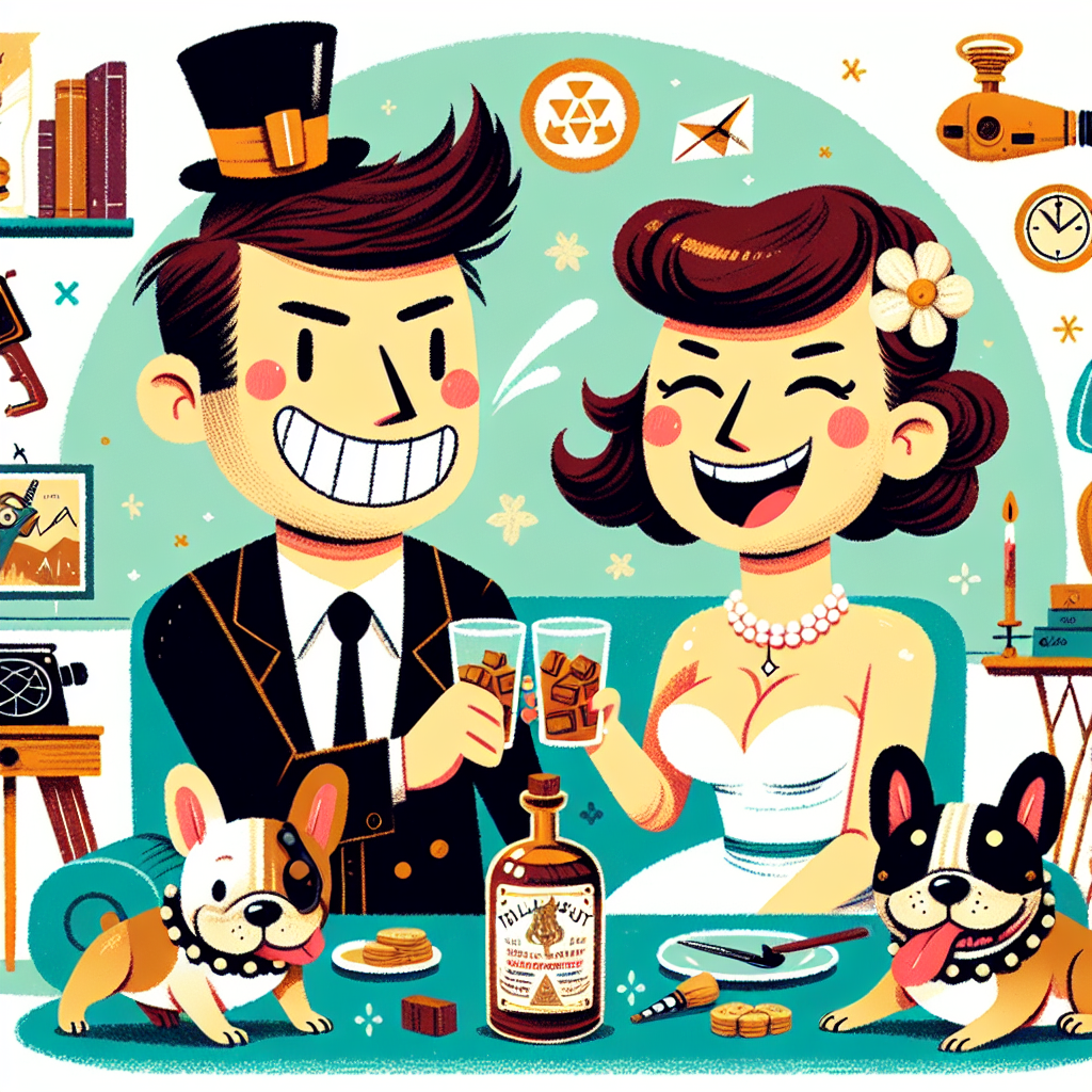 Create a humorous illustration of a Caucasian couple celebrating their wedding anniversary. The man has tidy brown hair and the woman has a brown fringe around her face, both are chuckling. They are in a whimsically illustrated living room filled with elements reminiscent of the Fallout video game, hinting at their common hobbies. A bottle of whisky is placed on the table and they are toasting their glasses filled with whisky. Their French bulldogs, one having a silly top hat sticker and the other sporting a string of pearls illustrated in a cartoon style, add a festive, playful tone to the scene.
Generated with these themes: White couple. Man with brown hair. Woman brown hair and fringe, Fallout video game, Drinking whisky, French bulldogs, and Wedding anniversary.
Made with ❤️ by AI.