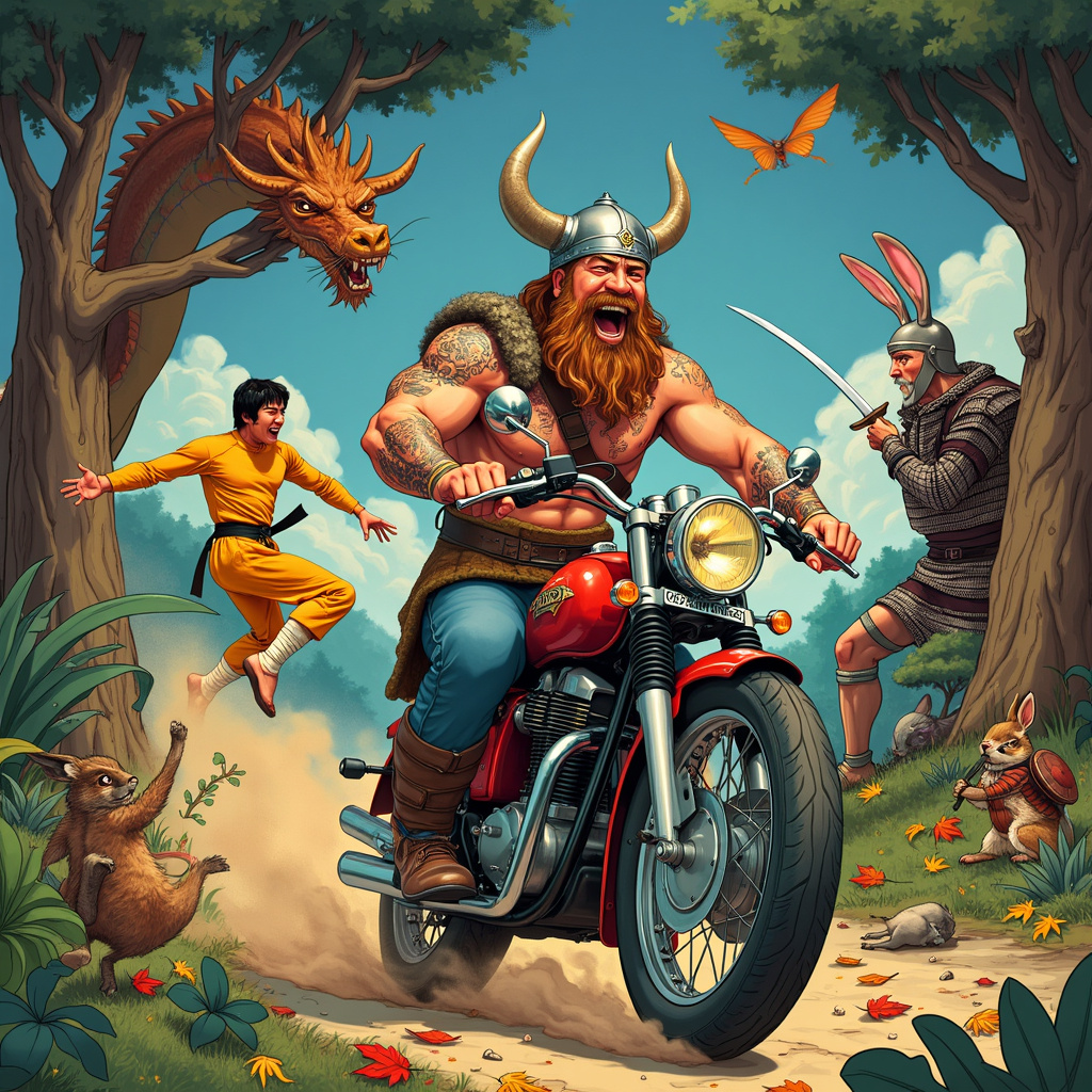 In the vibrant, dynamic front cover illustration, the scene bursts with whimsical, action-packed details that intertwine the chosen themes in a lively and harmonious tableau. Center stage, a burly Viking with a braided beard and horned helmet, reminiscent of a Norman Rockwell character in its meticulous detail, roars with laughter while astride a gleaming, vintage motorbike. His muscular arms, covered in intricate, Aubrey Beardsley-esque tattoos of dragons and Nordic runes, grip the handlebars as the motorbike’s wheels kick up a cloud of dust.

To his left, Bruce Lee—depicted with the fluid, expressive line work that brings to mind Quentin Blake—executes a flawless flying kick, his iconic yellow jumpsuit flaring out dramatically. His intense gaze is focused on a formidable samurai, who stands poised and ready with a katana, drawn in the intricate, fine lines reminiscent of Arthur Rackham’s detailed works. The samurai’s armor is adorned with delicate, traditional Japanese patterns, echoing Maurice Sendak’s attention to cultural detail.

In the background, a quirky mix of nature and fantasy unfolds. A whimsical, Edward Gorey-inspired forest frames the scene, with twisted trees and foliage that seem almost alive. Among the branches, Beatrix Potter-esque woodland creatures—rabbits in waistcoats and hedgehogs in bonnets—peek out, observing the chaos with wide, curious eyes. A majestic dragon, drawn in the grand, sweeping style of N.C. Wyeth, soars above, its scales glistening in the Maxfield Parrish-inspired, twilight sky, which blends deep purples and golds.

Scattered around the Viking and his motorbike, Gustave Doré-like fallen leaves and ancient relics—helmets, shields, and scrolls—add texture and depth to the ground. The overall composition is lively and filled with movement, each element meticulously crafted to create a rich, engaging story that leaps off the card. The scene is a delightful amalgamation of history, fantasy, and playful anachronisms, designed to bring a smile to the birthday celebrant’s face.
Generated with these themes: Vikings motorbikes Bruce Lee samurai tattoo.
Made with ❤️ by AI.