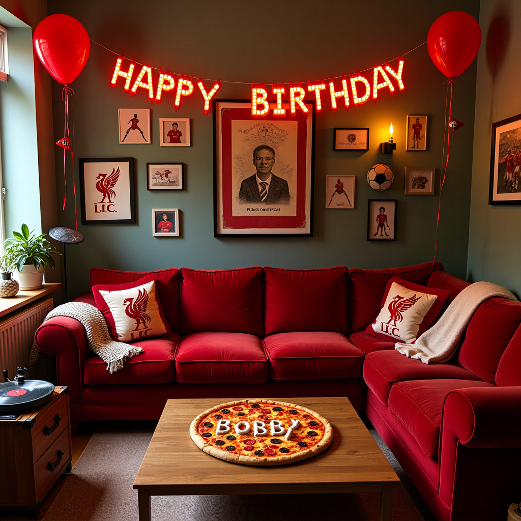 In the heart of a bustling living room, where the essence of celebration fills the air, sits a luxurious corner sofa upholstered in plush, red velvet that pays homage to Liverpool FC's iconic color. This sofa isn't just a seat but a gathering place, shaped like the letter 'L' for the team's legendary status, with a throw draped casually over the back, embroidered with the Liverpool FC crest. On the large, low table in front of the sofa, a glorious pizza feast is laid out; slices topped with every imaginable delicious topping, with one special pizza in the center spelling out "Bobby" in pepperoni and olives.

Above this cozy den setup, the walls are adorned with framed photos of famous Liverpool FC moments and players, weaving the love for the team into the very fabric of the room. Nestled among these images, a quirky, water-themed art piece features a duck, seemingly unfazed by its surroundings, illustrating the phrase "water off a duck's back" as a reminder to keep calm and carry on.

Hanging above the scene, a vibrant, celebratory "Happy Birthday Bobby" banner arches across the room like a rainbow, its letters composed of floating, pizza slice balloons with strings adorned with miniature soccer balls. To the left, a record player softly spins, filling the room with tunes of classic Liverpool anthems, sitting next to a small stack of records which Bobby loves.

In the far corner, a vintage television displays a paused football match, adding a nostalgic touch to the birthday scene. The room's decor is completed with a plush Liverpool FC throw pillow, casually tossed at the end of the sofa, and a cozy, oversized jersey hanging off the armrest, ready for Bobby to wear as he celebrates another year of life filled with passion, pizza, and football.
Generated with these themes: The den corner sofa, Liverpool fc, Love, Pizza, Water off a ducks back, and .
Made with ❤️ by AI.
