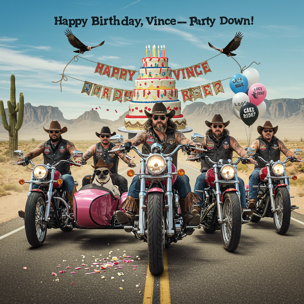 **Image Prompt:**  
A hyper-realistic, funny birthday-themed photograph. A gang of rugged, tattooed cowboys (a mix of Black and Caucasian riders) are riding massive chrome motorcycles down a dusty desert highway. They're wearing black leather vests, dark sunglasses, cowboy hats, and each has wild, scruffy facial hair. Some are covered in elaborate tattoos—flaming skulls, hearts with “Mom,” barbed wire sleeves, and pin-up girls riding rockets. One cowboy in the center is riding a pink motorcycle with tassels, holding a giant birthday cake stacked on the gas tank, frosting flying off from the wind. In the background, a “Happy Birthday Vince” banner is lassoed between two cacti. The sky is clear, with dramatic desert mountains in the distance, and vultures flying overhead. One of the bikes has balloons tied to the back that read “Cake or Ride?” A tiny pug with sunglasses sits in a sidecar, also wearing a cowboy hat and chewing a cigar.  

**At the top of the realistic photograph image:**  
**“Happy Birthday, Vince—Time to Saddle Up and Party Down!”**
Generated with these themes: A gang of tattooed (some black, some Caucasian) cowboys with shades on on motorcycles .
Made with ❤️ by AI.