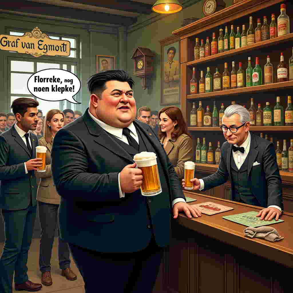In a bustling corner of the quaint bar, "Graaf van Egmont," our young, slightly rotund central figure stands out with his eccentric style. His hair is slicked over in a parody of Adolf Hitler's infamous style, yet his clothing is unmistakably reminiscent of the distinctive attire associated with Kim Jong-Un, including a dark button-up suit jacket that's slightly ill-fitting, accentuating his corpulence. In one hand, he casually holds a cigarette with wisps of smoke curling upwards, and in the other, he precariously balances a frothy beer mug that's almost spilling over. The air is a mix of laughter and clinking glasses. Surrounding him, a group of his young friends, a motley crew of various styles, are engaged in animated chatter, all seeming amused by his outlandish impersonation.

At the bar, Florreke, the bartender, embodies a classic old-world charm. His spectacles rest precariously at the tip of his nose, and his sparse gray hair sits atop his slightly bald head. He is wiping a glass with a tattered cloth, an activity that seems second nature to him. Above him, a sign reads "Graaf van Egmont" in ornate script, while shelves behind him are lined with an array of colorful, vintage liquor bottles.

The central figure turns his head slightly towards Florreke, a cheeky grin spreading across his face, and in a text balloon, we read, "Florreke, nog een klepke," a phrase that translates to "Florreke, another drink." This line captures the humor and camaraderie of the scene. Around them, the bar is decorated with eclectic vintage items – an old cuckoo clock, faded photographs, and quirky beer mats scattered across the counter. The warm lighting from above casts a cozy glow, illuminating the scene where humor, historical mimicry, and youthful energy blend into a uniquely whimsical tableau.
Generated with these themes: A very young man with a hair dress as Adolf Hitler as central figure. He is clothed as Kim Jong-Un of North Korea and is a little corupulent., He is standing and is smoking a cigarette and drinks a beer. His young friends are also there., The bar is called Graaf van Egmont, He says "Florreke, nog een klepke" in a text balloon., Florreke is and old man wearing glasses and a little bit bold and he is gray., and .
Made with ❤️ by AI.