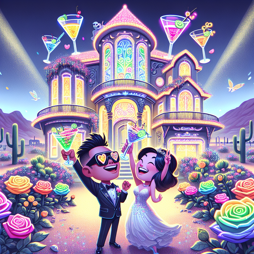 Create a fantastical image of a 10-year wedding celebration in a cartoon style. Visualize a large, Las Vegas-inspired house, glowing with an array of neon lights. Make this house seem surreal and extravagant. Include blooming rainbow roses in a grand garden that surrounds the house. Display a jubilant couple, an Asian man and a Black woman, cheering to their love with quirky, oversized cocktail glasses. Let the joy in their eyes and their laughter be evident. Set the scene under the soft breeze of a desert night, adding to the overall surrealism of the image.
Generated with these themes: 10 year wedding anniversary, rainbow roses, las vegas, cocktails, big house.
Made with ❤️ by AI.