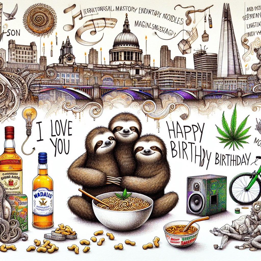 Illustrate an abstract scene celebrating a birthday, filled with whimsy and set against the historically significant London skyline. The Shard and St. Paul's Cathedral are prominent in the backdrop. Two whimsical sloths are nestled in the forefront, radiating affection. Additional elements include the representation of a meditating figure, symbolising serenity, and the sketches of a whisky bottle and a cannabis leaf. Include a creatively styled bowl of instant noodles labeled 'Magic Masala', scattered peanuts, and a vibrant green bicycle for an eccentric touch. A sound speaker indicates a musical ambiance. The scene is completed with the handwritten words 'I love you' and 'Happy Birthday' in an elegant calligraphy style indicating a festive celebration.
Generated with these themes: Whisky, Cannabis, Two sloths cuddling, Meditation, Instant noodles, Peanuts, Music speaker, I love you, Happy birthday, Great view of london shard in middle and st pauls cathedral, Green bicycle , and Magic masala.
Made with ❤️ by AI.