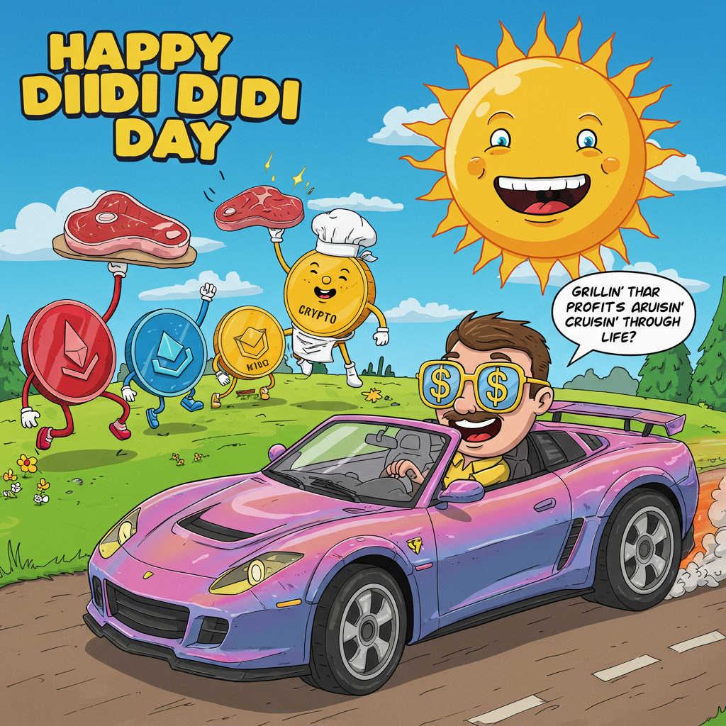 At the top of the Cartoon Style image, the text reads: **Happy Didi Day**.

---

**Image Description:**

Imagine a vibrant and playful scene in cartoon style. In the foreground, a sports car zooms by, its exaggerated, oversized wheels spinning with cartoonish speed lines trailing behind. The car is painted in flashy, iridescent colors, reminiscent of the ever-changing crypto market.

Inside the car, a cheerful, cartoon dad figure is at the wheel, wearing oversized, goofy sunglasses that reflect rows of dollar signs. His expression is one of pure joy and mischief as he grips the wheel with exaggerated, bouncy enthusiasm.

In the background, there's a whimsical landscape filled with colorful cryptocurrency coins with faces, joyfully dancing around. Each coin has cartoon limbs, and they’re tossing around a big, beefy steak as if it’s a precious prize, with one of them donning a tiny chef hat and apron.

The sky above is a brilliant, exaggerated blue with a giant, smiling sun wearing a bandana that reads “Crypto King”.

A small text bubble bursts from the car's rear, saying, "Grillin' profits and cruisin' through life!"
Generated with these themes: Car (sports car), Crypto , Beef, and .
Made with ❤️ by AI.