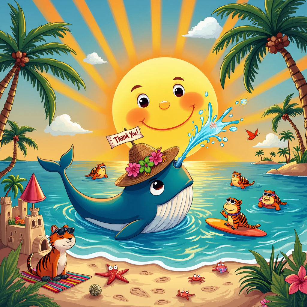 The scene is set on a vibrant tropical beach under a radiant, smiling sun with rays beaming down like golden streamers. At the center, a jubilant whale wearing a straw hat adorned with festive hibiscus flowers is joyfully spraying water into the air from its blowhole, creating a shimmering rainbow. Surrounding the whale, three playful turtles are floating on the gentle waves, each wearing colorful sunglasses and leis made of tiny seashells.

To the left, a lively parrot with an eye-catching plume of feathers in shades of green, blue, and gold is perched on a surfboard that is stuck in the sand, next to a sandcastle shaped like a small holiday village complete with mini palm trees and tiny beach umbrellas. The parrot holds a tiny banner in its beak that says "Thank You!" in bold, cheerful letters.

In the background, a group of small islands dotted with palm trees stretches across the horizon, and a classic Peanuts-inspired kite caught in one of the palm fronds adds a touch of nostalgia. On the beach itself, footprints from the turtles lead up to a playful Calvin and Hobbes-style scene where a child and a tiger-shaped sand sculpture are engaged in a fun, imaginary conversation.

Around the edge of the scene, seashells, starfish, and colorful beach towels are scattered about, with a few Far Side-inspired quirky crabs wearing sunglasses and tiny pirate hats sneaking around, adding a touch of humor. Above, a few fluffy clouds shaped like different animals float lazily by, casting soft shadows over the beach.

This vibrant, whimsical scene combines elements from various artists, with a storytelling approach that invites the viewer to explore every detail and celebrate the joy of giving thanks amidst the happiness of a holiday setting.
Generated with these themes: Holidays, happy, sunshine, thankyou, whales, turtles, parrots.
Made with ❤️ by AI.