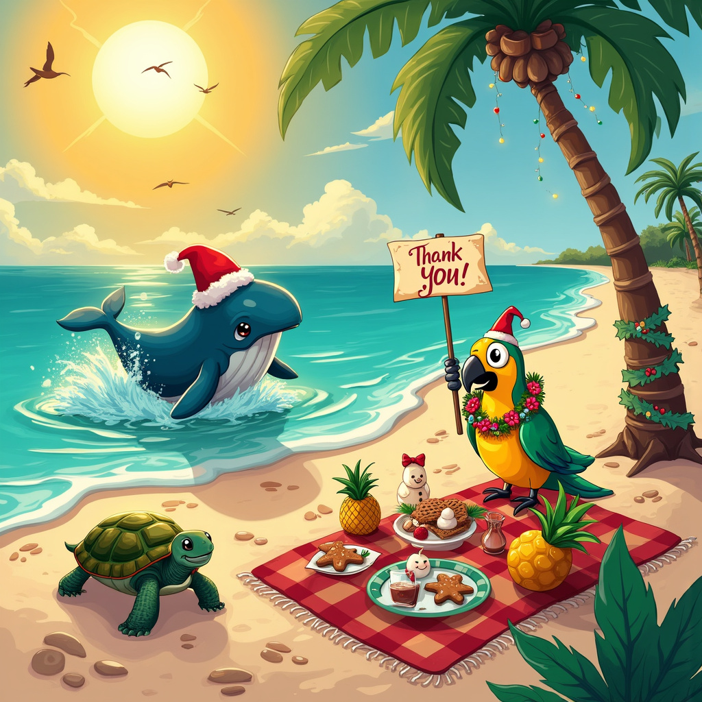 Picture a vibrant tropical beach under a beaming golden sun that glistens on the turquoise waters. In the foreground, a delightfully large cartoon whale wearing a Santa hat breaches the water, joyfully spraying a fountain of water that catches the sunlight and forms a tiny rainbow. Nearby, a jovial sea turtle with a garland necklace made of seashells and starfish paddles alongside the whale, lifting its flipper in a cheerful wave.

Perched on the turtle’s shell is a brightly colored parrot with festive red and green feathers, holding a small banner in its beak that reads "Thank You!" in whimsical, curly letters. This parrot wears a tiny, festive New Year’s hat tilted jauntily to one side. Around the parrot’s neck is a lei of vibrant tropical flowers, each petal carefully detailed with playful, cartoonish lines reminiscent of Charles Schulz's Peanuts characters.

In the background, a sandy beach stretches out with small, happy footprints leading up to a small sandcastle adorned with holiday decorations – tiny flags, mini palm trees with Christmas lights, and a tiny snowman made of sand. The sandcastle has a cartoonish charm, similar to something from a Bill Watterson drawing. Just beyond the sandcastle, a palm tree with twinkling fairy lights wraps around its trunk, and under its shade is a picnic blanket set for a holiday feast with assorted treats: a pineapple with a smiley face, a jug of lemonade with a red bow, and gingerbread men laying in repose.

Above the scene, a sky dotted with fluffy, cheerful clouds frames the sun, whose rays are drawn with a manga-esque intensity inspired by Osamu Tezuka. Hovering birds, each with distinct personalities and drawn in a slightly exaggerated manner like those in a Gary Larson comic, carry garlands of flowers between them, connecting the scene and making it cohesive.

This lively and detailed scene brings together the joyous elements of holidays, sunshine, and heartfelt gratitude, intertwined with a playful mix of whales, turtles, and parrots in a vibrant and cartoonishly detailed setting.
Generated with these themes: Holidays, happy, sunshine, thankyou, whales, turtles, parrots.
Made with ❤️ by AI.