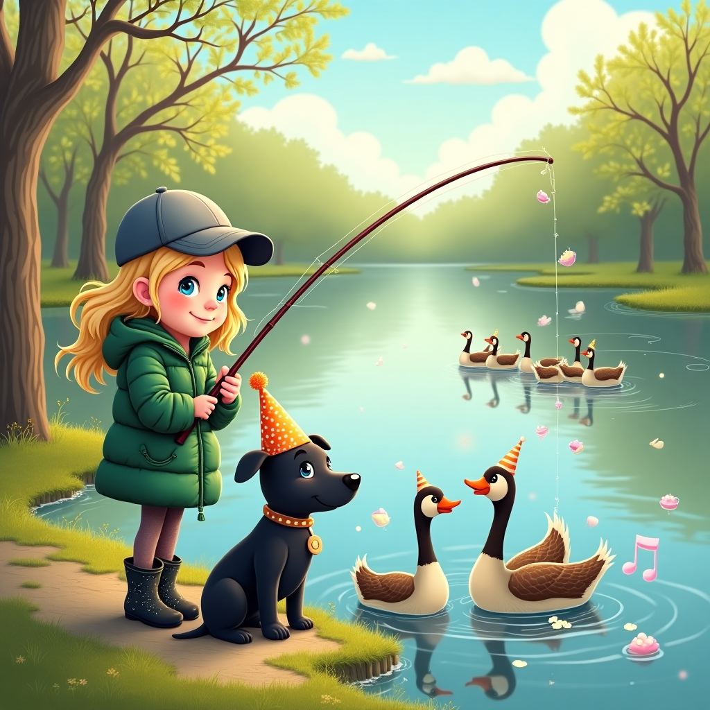 **Prompt for a Surreal Birthday-Themed Illustration:**

An early spring riverside scene infused with whimsy and surreal charm. A 6-year-old girl with wispy blonde hair and sparkling blue eyes stands at the water's edge, wearing an oversized green puffer jacket, a grey trucker cap tilted slightly askew, and black wellies speckled with tiny golden stars. She grins mischievously as she casts a candy-striped fishing rod into the gently rippling river, where the line seems to dissolve into sparkling confetti mid-air. Beside her, a loyal black Dutch Shepherd-Labrador mix with mismatched ears — one alert and the other floppy — sits statue-still, wearing a tiny cone-shaped birthday hat patterned with galaxies and cupcakes. Its eyes glow with magical curiosity as it stares at the river's surface, which faintly reflects surreal images — rubber duck clouds, floating cupcakes, and dreamlike ripples.

Nearby, a family of Canadian geese parades across the grass, all donning playful pastel-colored party hats, their wings decorated with glowing ribbons. One goose holds a tiny balloon string in its beak. Behind them, budding trees reach toward the sky like twisted ribbons of green glass, each leaf shimmering with pearlescent tones. A few leaves take the shape of musical notes, drifting on the breeze like whispers of laughter. The sunlight bathes everything in a soft, honey-hued glow, and faintly in the sky, cotton candy clouds swirl into subtle spirals of cake and cream.

The overall composition feels enchanted and gently off-kilter — as if the laws of nature have politely stepped aside for a child’s imagination to take over — radiating birthday joy, natural serenity, and an innocent sense of wonder and adventure.
Generated with these themes: A peaceful early spring scene by a calm river. A 6-year-old girl with blonde, wispy hair and bright blue eyes stands on the riverbank, wearing a green puffer jacket, grey trucker cap, and black wellies. She has a wide grin on her face as she holds a fishing rod, casting the line into the water. Beside her, a black Dutch-Shepherd Labrador mix dog sits attentively, one ear pointed up and the other flopped down, wearing a party party hat, is staring attentively at the water. On the bank, a family of Canadian geese also wearing party hats. The trees in the background are just beginning to bud, with soft green hues emerging, and the sun casts a gentle, warm light on the moment. The atmosphere is lighthearted and playful, with a sense of peaceful connection to nature and adventure..
Made with ❤️ by AI.