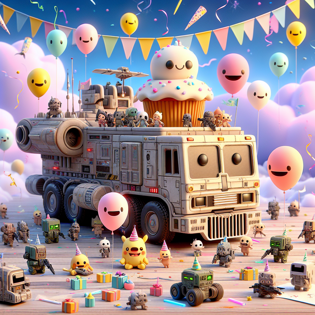 In a cutesy cartoon birthday aesthetic, tiny animated characters from a well-known fantasy cosmos engage in a grand celebration. The focal point is a whimsical depiction of a military style transport vehicle, altered into a fun-filled birthday ride with streamers and balloons. The sky is sprinkled with smiley-faced robotic craniums drifting among pastel clouds. Diminutive creatures, usually known for being combative, share a giant cupcake tray, their otherwise severe expressions turned into cartoonish grins. Party poppers and miniature banners of a grand empire enhance the festive surroundings.
Generated with these themes: War hammer 40k.
Made with ❤️ by AI.