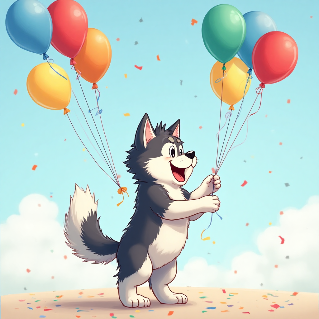 Cartoon husky with balloons , and Birthday Card
