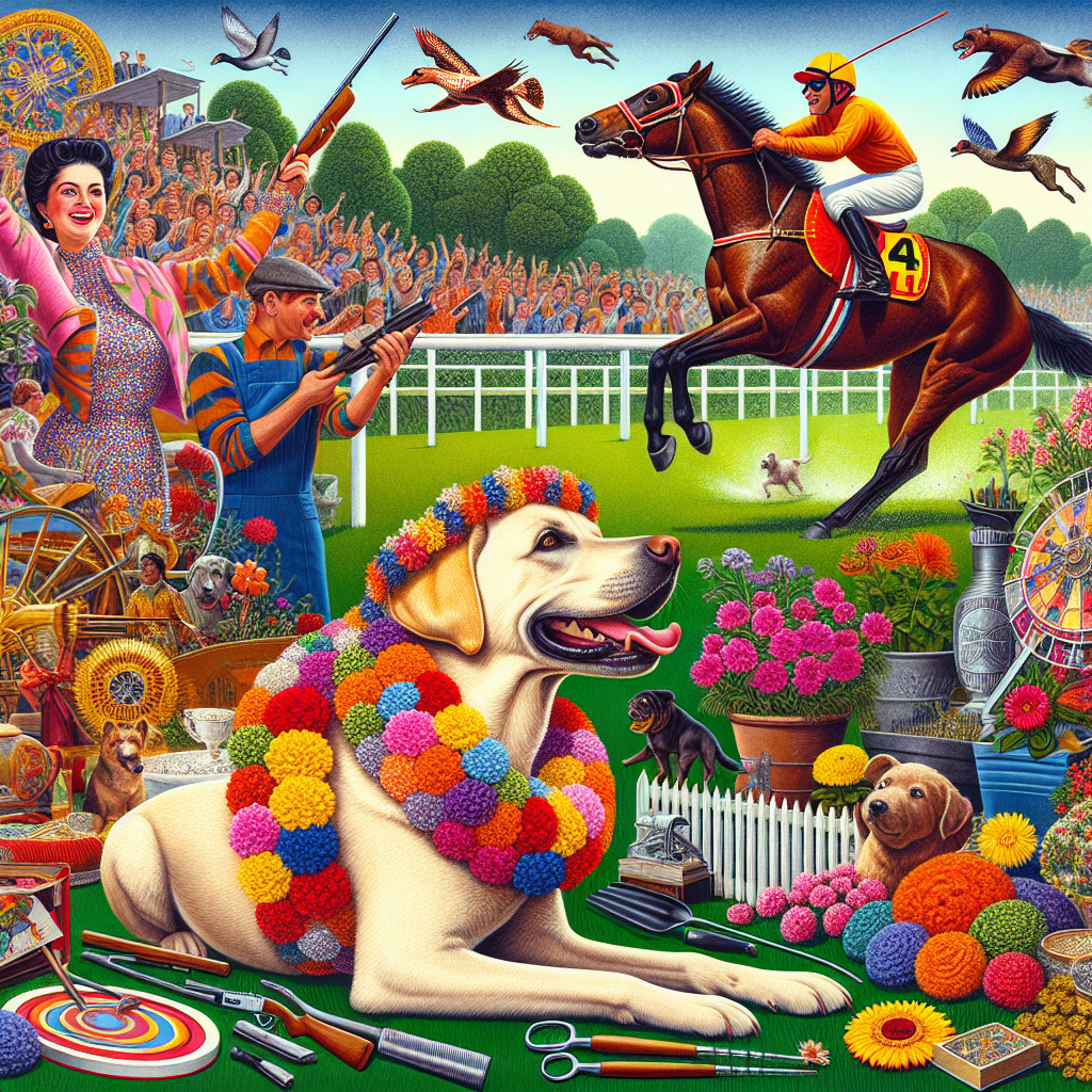 Create a joyful, intricate image that portrays a birthday celebration in a rural setting. The main focus should be a jubilant Labrador adorned in a vibrant garland, who is soaking up all the attention. Further afield, you can see horses galloping fiercely on a racetrack, energized by the ecstatic crowd, within which features a man bearing an uncanny resemblance to a 50's music icon. Nearby, there is a gardening section boasting an array of brilliantly colorful flowers and well-kept tools, suggesting a cherished pastime. Meanwhile, a South Asian woman is enthusiastically engaged in a shooting sport, directing her focus towards targets floating in the sky.
Generated with these themes: Labrador s, Horse racing, Elvis, Gardening, Country side, and Shooting .
Made with ❤️ by AI.