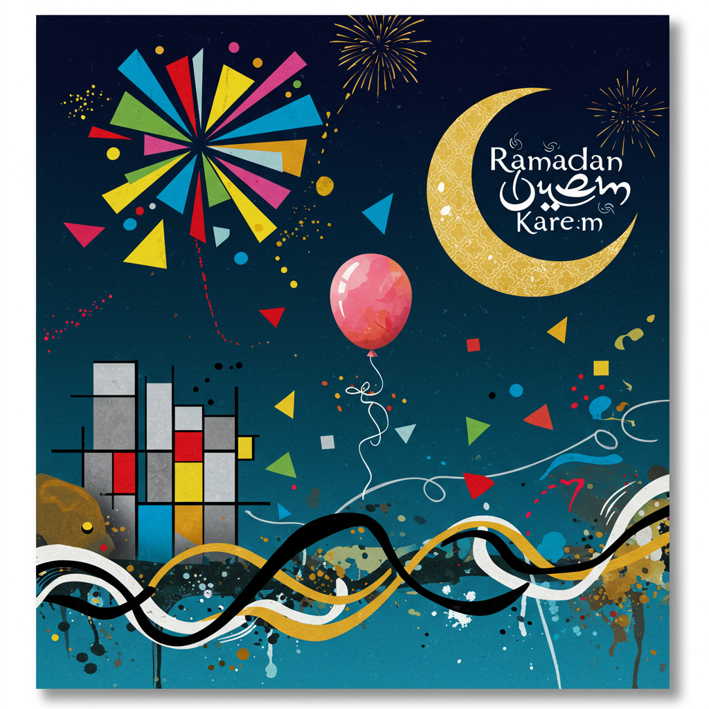 On the front cover of this New Year's greeting card, a vivid and playful abstract scene unfolds, drawing inspiration from the expressive realms of Kandinsky, Mondrian, and Miró. The background is a harmonious blend of deep azure and luminous gold, evoking a night sky illuminated by shimmering fireworks.

Dominating the upper section, a constellation of geometric shapes—triangles, squares, and circles—bursts outward in a radial pattern, reminiscent of a starry explosion. Each shape is a different hue: vivid crimson, electric blue, sunny yellow, and lush green, their sharp edges softened by a gradient that melts into the backdrop.

In the foreground, an abstracted cityscape of overlapping rectangles and trapezoids, in shades of silver and charcoal, creates a dynamic sense of movement and perspective, echoing Mondrian's precision but with a playful twist. Scattered among these shapes, smaller forms dance like confetti, hinting at a celebration.

Floating amidst this structured chaos, a whimsical balloon, painted in Rothko-like layers of pink and orange, drifts upwards. Its string curls elegantly like a musical note.

Suspended in the night sky, a crescent moon made of interlocking gold and white arcs cradles a stylized script reading "Ramadan Kareem" in delicate silver letters. The phrase is integrated into the pattern of the moon, creating a seamless and harmonious design.

At the bottom, a series of looping lines in the style of Twombly weave through the abstract cityscape, suggesting the undulating rhythm of a parade or festivity. These lines are layered with splashes of Pollock-inspired drips in contrasting blacks and whites, adding depth and texture.

This abstract New Year's card cover is a vivid celebration of form and color, a joyous interplay of structure and spontaneity, inviting viewers to embrace the energy and renewal of the year ahead.
Generated with these themes: Happy.
Made with ❤️ by AI.