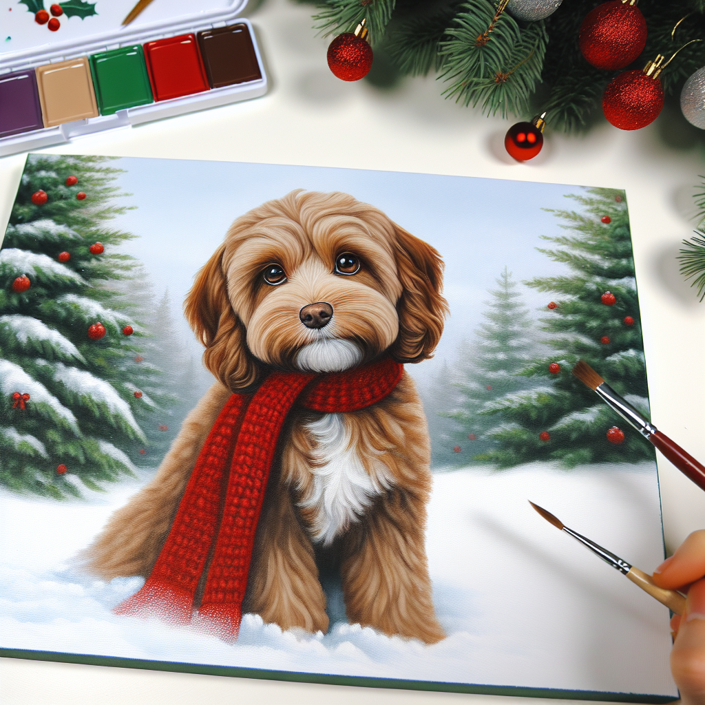 The illustration reveals a slender brown Cavapoo dog with gentle brown eyes. It features the dog frolicking in the snow, a bright red Christmas scarf wrapped around its neck, with a background of decorated pine trees.
.
Made with ❤️ by AI.