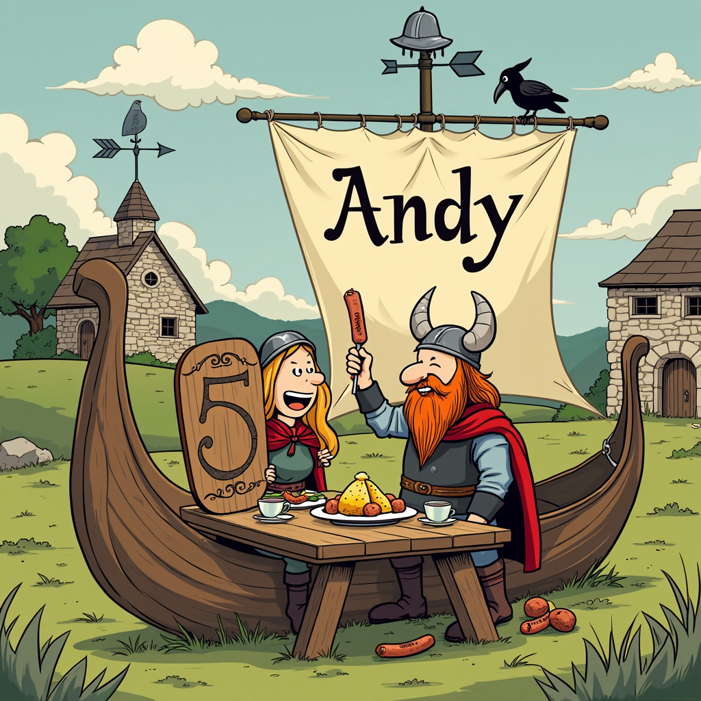 The scene is set in a lush, whimsical Yorkshire countryside, peppered with charming stone cottages and rolling green hills. In the foreground, a comical Viking couple, dressed in traditional Viking attire with horned helmets and flowing capes, are sitting at a picnic table made from an old Viking longboat. The boat has been repurposed with wooden planks across the top to serve as the table surface. 

The Viking husband is presenting a massive, cartoonish wooden shield to his wife, which has the number "5" engraved in the center, adorned with Viking runes and decorative motifs. The wife, with a mischievous smile, holds up a Yorkshire pudding the size of a small boulder, clearly intending to add some local flavor to their anniversary celebration. Both have exaggerated, joyful expressions, akin to characters from "Calvin and Hobbes" by Bill Watterson.

On the picnic table, various Yorkshire delicacies like Wensleydale cheese and Yorkshire tea are arranged. A small dog, reminiscent of Snoopy from "Peanuts" by Charles Schulz, is attempting to steal a sausage link.

In the background, the Viking longboat's sail is still attached and unfurled, billowing in the gentle breeze. Across the sail, in bold, festive lettering, is the name "Andy", painted to look like it's part of an ancient Viking script but clearly readable. The sail adds a touch of grandeur and historical charm to the scene.

Above the scene, fluffy clouds shaped like Viking helmets drift lazily in the sky. A cartoon raven, a nod to Odin's ravens, is perched on the mast of the longboat, giving an approving caw.

On one of the stone cottages in the background, a weather vane shaped like a Viking longboat spins gently, further tying in the Viking theme with the quintessential Yorkshire setting. This scene perfectly blends the fantastical elements of Viking lore with the picturesque charm of Yorkshire, celebrating Andy's 5th wedding anniversary with humor and creativity.
Generated with these themes: 5th wedding anniversary, Viking, and Yorkshire.
Made with ❤️ by AI.