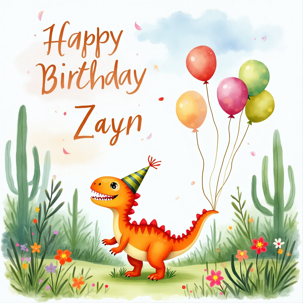 At the top of the Watercolor Style image, gracefully inscribe, "Happy Birthday Zayn."

Imagine a whimsical scene in soft watercolors where a charming baby dinosaur is sporting a party hat. This adorable dino is happily frolicking in a lush, prehistoric landscape filled with vibrant greens and splashes of colorful wildflowers. Around the dino, several balloons in pastel shades float gently in the breeze, tied to its tiny tail. 

In the background, a watercolor sky blends soothing blues and purples, giving a dreamy feel. Nestled among the scenery, a playful message reads, "Have a Roar-some Birthday!" 

This delightful image captures the joy of a dino-themed birthday in a cute, lighthearted manner, perfect for a birthday greetings card.
Generated with these themes: Dinosaur , dino boy birthday, and .
Made with ❤️ by AI.