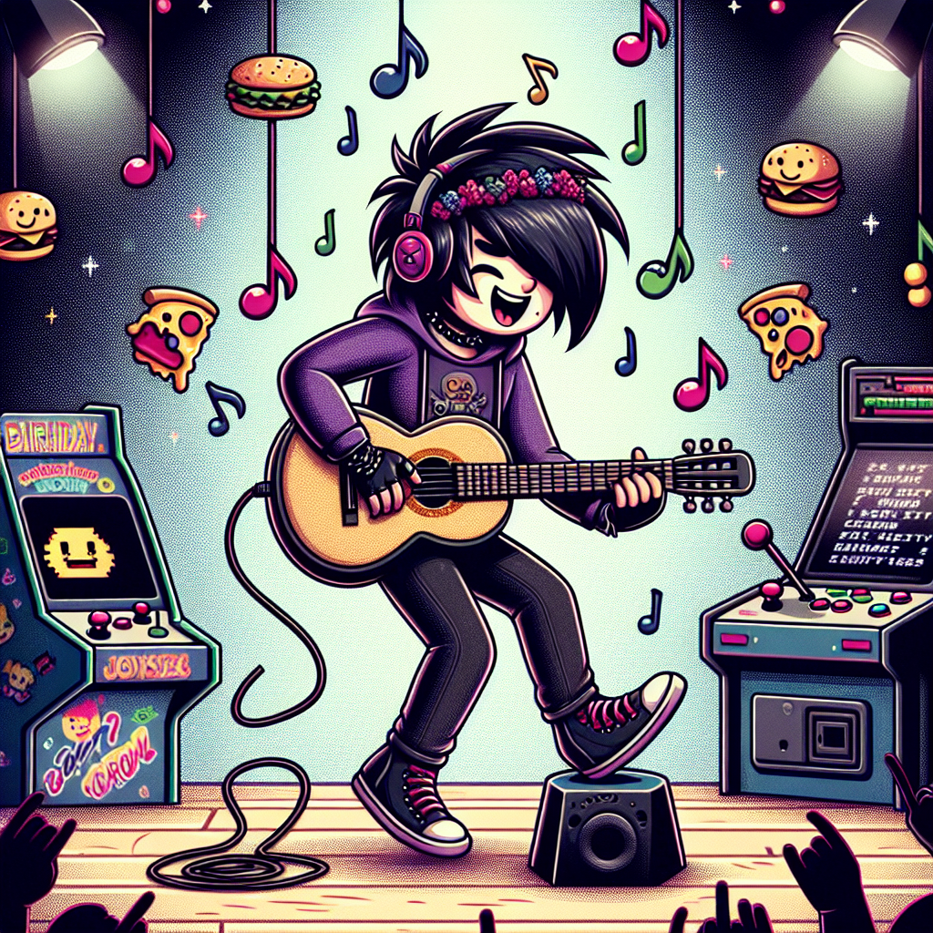 Create an image inspired by humor and whimsy, where a South Asian emo-themed boy who has just turned 13 is seen celebrating with a guitar in his hand. The scene is filled with cartoonish music notes to symbolize his ardent passion for music. The boy lightly taps his feet on a dancefloor, comically embedded with cartoon images of burgers and pizzas. Surrounding him are elements characteristic of retro arcade games, with pixelated representations of joysticks and consoles floating in the festive atmosphere. The boy's unique style embraces vibrant, dark colors, forming a sharp, interesting contrast against the more conventional colorful birthday decorations.
Generated with these themes: Electric guitar, 13, Emo, Burger, Pizza, Gaming, Boy, and Music.
Made with ❤️ by AI.