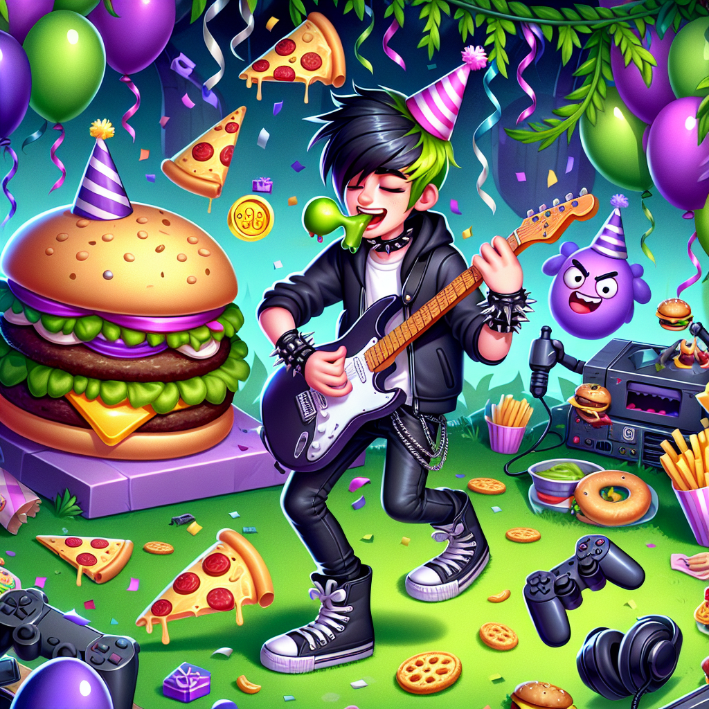 Illustrate a festive image in a lush cartoon world, where a Caucasian teenage boy dressed in emo fashion is standing as the centerpiece, energetically playing an electric guitar. Set against a backdrop adorned with balloons and streamers in shades of black, purple, and dark green to complement the emo theme. Revolving around him are comical representations of burgers, pizzas, and gaming consoles donning party hats, as if they are dancing to the rhythm of the music. A cartoony pizza slice is humorously tossing a coin which has the digit 13 on it, indicating the boy's age, and a gaming controller is naughtily winking from a corner of the scene.
Generated with these themes: Electric guitar, 13, Emo, Burger, Pizza, Gaming, Boy, and Music.
Made with ❤️ by AI.