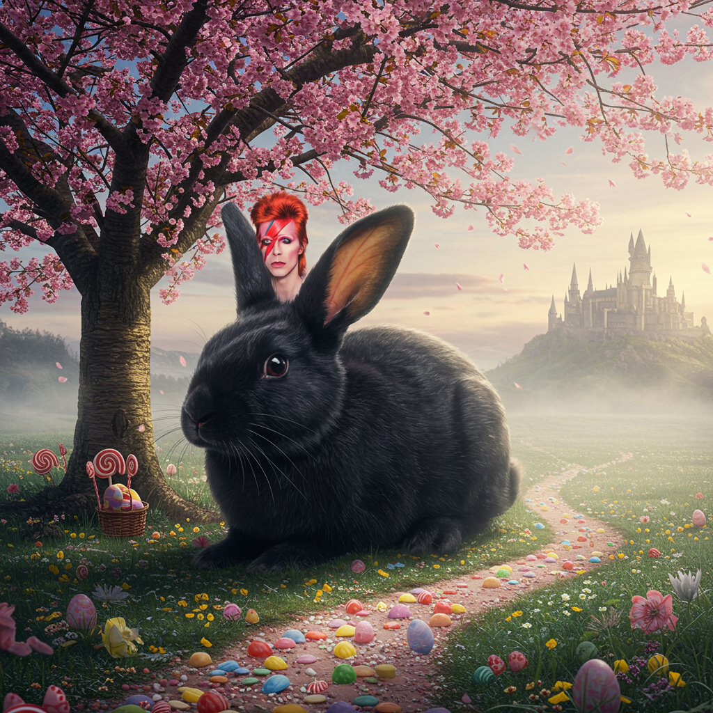 David bowie, Black rabbit with white nose, Cherry blossom tree, Sweeties, Gothic, Adventure , and Birthday Card