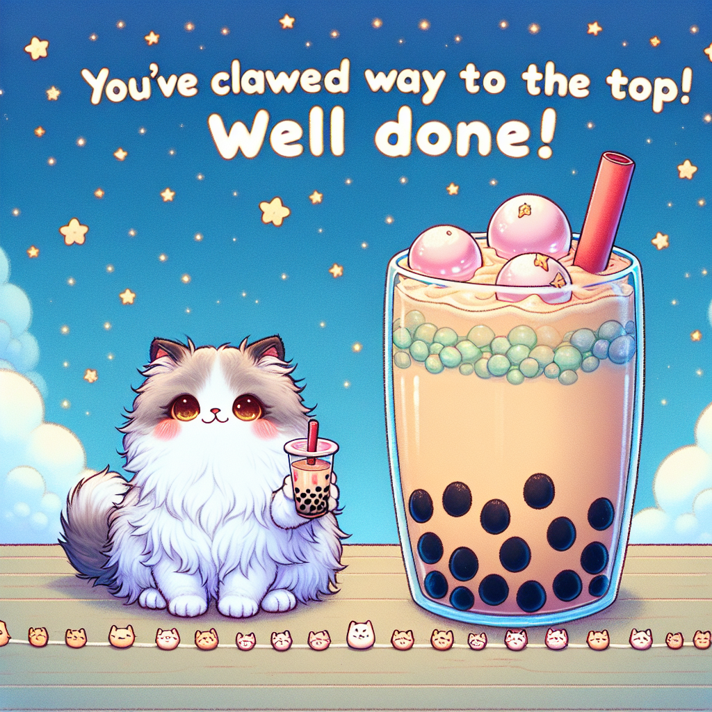 A heartwarming scene unfolds against a backdrop of a sky-blue sky sprinkled with stars. In the center, a fluffy cat confidently sits on a gigantic glass filled with boba tea. The cat holds a smaller boba cup, its cheeks puffed up in a display of pride. Neatly lined beside the huge glass are charming paw prints leading to an uplifting message, 'You've Clawed Your Way to the Top! Well Done!'. This message is inscribed in playful, bubbly letters, adding to the overall whimsicality of the setting.
Generated with these themes: Cats, and Boba .
Made with ❤️ by AI.