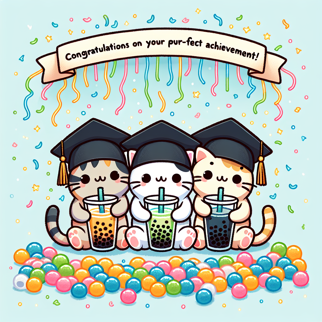Create a heartwarming image of three cute cats, each wearing a graduation cap, sitting close to each other with their tails intertwined. They are celebrating their accomplishment by raising glasses of boba tea, toasting together as their glasses meet in mid-air. Overhead, an array of vibrant confetti is cascading down like a colorful rainfall. Floating above them is a banner with the phrase 'Congratulations on Your Purr-fect Achievement!'
Generated with these themes: Cats, and Boba .
Made with ❤️ by AI.
