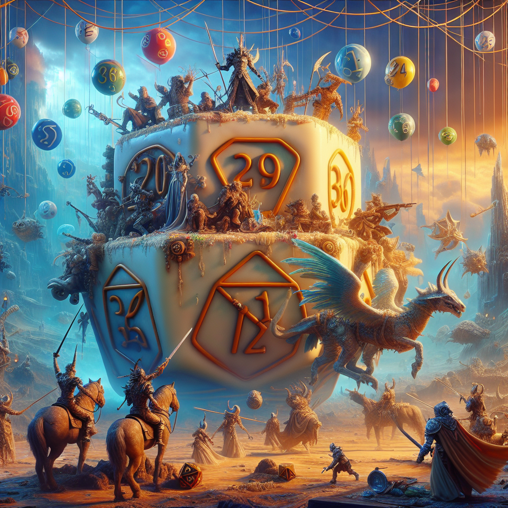 A fantastical landscape becomes the stage of a birthday celebration. Unreal warriors, reminiscent of fantasy figures from a medieval tabletop game, carry out a jovial skirmish atop an enormous cake molded in the shape of a 20-faced die from a popular role-playing game. Enigmatic creatures that carry a likeness to both dice and mythical beasts float in the surrounding spaces, wrapped in stringed decorations. In the sky, a myriad of arcane symbols and festive balloons create a spectacle, bathing the entire festive scene in an ethereal illumination.
Generated with these themes: Warhammer, and Dungeons  &  dragons.
Made with ❤️ by AI.