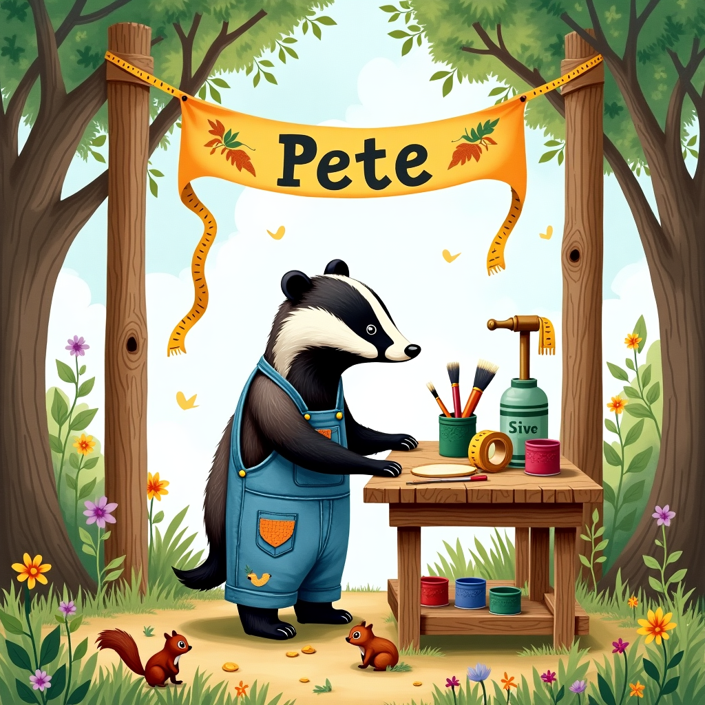 At the center of the card, imagine a lively, hand-drawn scene depicting a charming woodland workshop. A friendly badger, with a detailed, realistic coat marked in contrasting blacks, grays, and whites, stands upright wearing bright blue dungarees adorned with patches of various shapes and colors—rust orange, forest green, and burgundy—suggesting a life of creative endeavors.

This badger, named "Pete," is hard at work at a wooden workbench. The workbench, rendered in soft browns with intricate woodgrain details, is cluttered with DIY tools: a small brass hammer, a roll of vibrant yellow measuring tape unfurling towards the edge, a jar of paintbrushes, and an assortment of vividly colored paint pots—emerald green, ruby red, and cobalt blue.

Above the badger, a banner strung between two beams reads "Pete" in playful, hand-lettered script. The letters are painted in alternating colors of deep green and sunny yellow, giving a whimsical touch. Tiny, decorative leaves and acorns are scattered around the banner, painted in natural earth tones.

In the background, add lush, detailed trees, their branches forming a natural canopy overhead. The leaves are drawn with fine lines, showcasing an array of greens, from dark olive to a soft, new-leaf lime. A gentle breeze seems to animate the scene, causing the leaves to dance lightly.

On the ground, soft tufts of grass in varying shades of green cover the forest floor. Scattered here and there, tiny wildflowers bloom, their petals painted in bright hues—lavender, daffodil yellow, and cherry blossom pink. A few small woodland critters, like a curious squirrel and a pair of chirping birds, observe the busy badger from the sidelines, adding life and interaction to the scene.

The sky above is a serene watercolor wash of pale blue, with wisps of white clouds that stretch and swirl like soft brushstrokes. A gentle, golden light filters through, casting warm highlights across the scene, creating a harmonious blend of color and intricate detail.

This detailed and expressive illustration, with its combination of woodland charm and creative spirit, captures the essence of a heartfelt thank you, all centered around our industrious badger friend, Pete.
Generated with these themes: DIY, Badger, and Dungarees.
Made with ❤️ by AI.