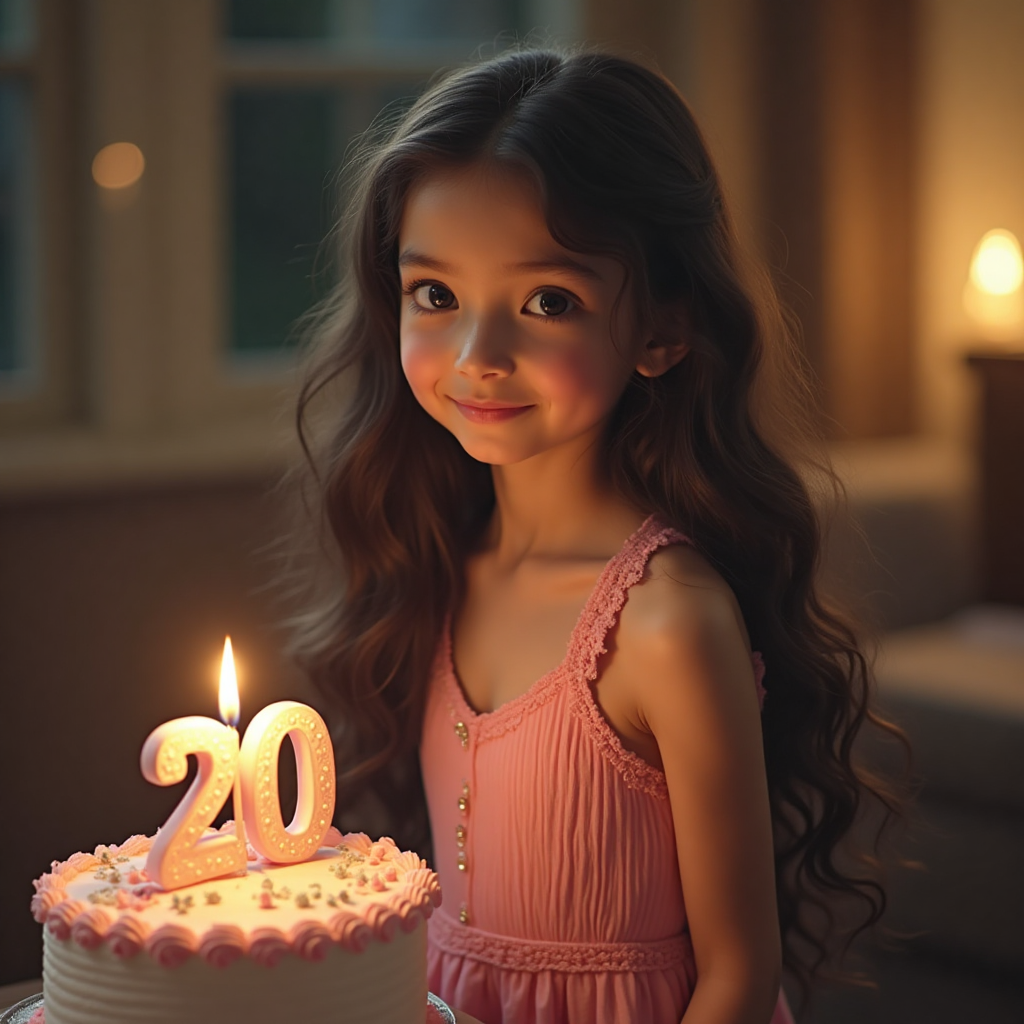 Girl in a pink dress with a bday cake nd 20 candle not showing face but a nice long dark haired blowout , and Birthday Card