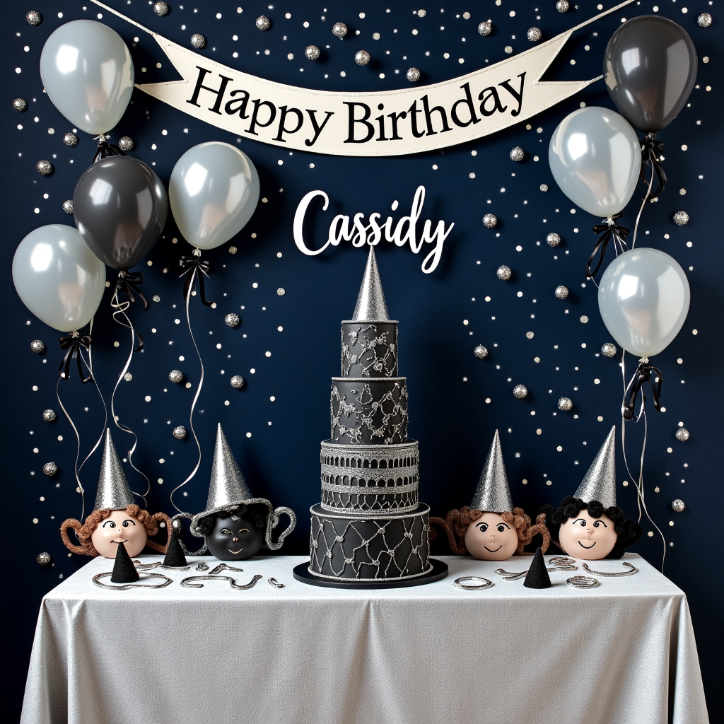 In the center of the card's cover, a playful birthday scene unfolds at a glamorous birthday party in a whimsical universe where style meets sparkle. A long, elegantly adorned table stretches across the foreground, draped in a shimmering silver cloth that catches the light in a dazzling manner. This table is surrounded by partygoers, each wearing eccentric party hats adorned with black ribbons, which curl and twirl in various directions, almost like an array of mischievous cats' tails. Hovering above the table are clusters of helium balloons that are a visual spectacle: matte black spheres interspersed with transparent balloons filled with tiny, sparkling black diamond-shaped confetti, which twinkle like stars in a midnight sky.

In the background, a towering birthday cake steals the spotlight, its multiple tiers coated in sleek black icing, accentuated by metallic silver piping that swirls into intricate patterns. The cake topper is a bold, artistic rendition of Cassidy’s name, sculpted out of edible silver, glinting as if freshly polished. Around the cake, silver poppers hang suspended in mid-air, seemingly frozen in time, having just burst, their contents—glittering silver streamers—arcing gracefully towards the floor like a shower of twinkling stars.

To the left of the scene, a whimsical banner stretches across the top of the card, reading “Happy Birthday Cassidy” in a striking font. Each letter is carefully crafted from a combination of silver foil and black velvet, giving it an elegant yet playful texture. Above the entire scene, the sky is not blue but rather a deep, captivating shade of indigo, where clusters of black diamond-shaped stars sparkle with an otherworldly glow, ensuring that even the heavens are part of this unique celebration for Cassidy.
Generated with these themes: Black ribbons , Black diamond stars , and Silver pop.
Made with ❤️ by AI.