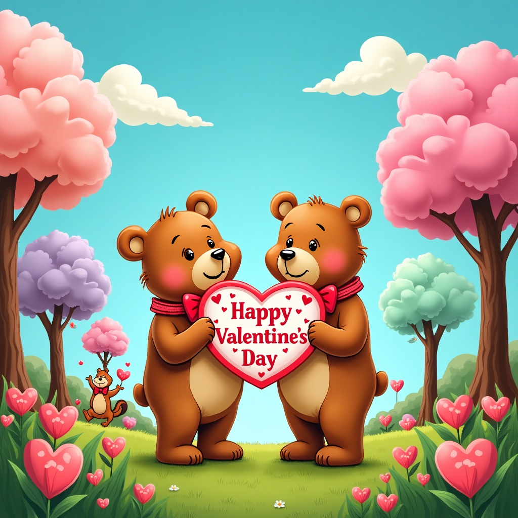 The front cover of the greeting card bursts with vibrant colors and lively details, capturing a playful and charming Valentine's Day scene with a whimsical flair inspired by beloved cartoonists and illustrators.

At the center, two bears are depicted holding hands, their features exaggerated for a cartoonish appeal. The bears are drawn in a style reminiscent of Walt Disney's early animations, with large expressive eyes, rounded snouts, and exaggerated limbs. They wear matching red bow ties adorned with tiny heart patterns, adding a touch of romance to their attire. Their fur is a soft, warm brown with hints of honey-gold highlights.

Between them, the bears hold a heart-shaped sign that reads "Happy Valentine’s Day 은비" in bold, playful lettering. The sign is adorned with cartoonish heart doodles and ribbons, reminiscent of Charles Schulz's Peanuts style, giving it a lighthearted and fun appearance.

The background is a vibrant, cartoonish landscape that channels the spirit of Winsor McCay’s imaginative dreamscapes. A bright blue sky stretches above, dotted with fluffy, oversized clouds that resemble plump marshmallows. Hidden within one of the clouds, the text "은비" is playfully incorporated, subtly blending into the scene.

To the side, a series of colorful, whimsical trees inspired by the quirky lines of Bill Watterson's Calvin and Hobbes rise up. The trees have trunks with exaggerated curves and tops that resemble cotton candy in shades of pink, lavender, and mint green. Scattered around are oversized cartoon-style flowers with smiling faces, nodding to Osamu Tezuka's charming characters.

The ground is covered with a lush, exaggerated grass depicted in shades of vibrant green, dotted with tiny red and pink hearts resembling flowers. A small, cheeky squirrel wearing a tiny bow tie peeks from behind one of the trees, adding a touch of Gary Larson’s The Far Side humor.

Overall, the scene combines bright colors, playful exaggeration, and a mix of styles to create a cheerful and unique Valentine's Day card that draws inspiration from a blend of iconic artistic influences.
Generated with these themes: Two bears holding hands and holding a sign with the text: Happy Valentine’s day 은비.
Made with ❤️ by AI.