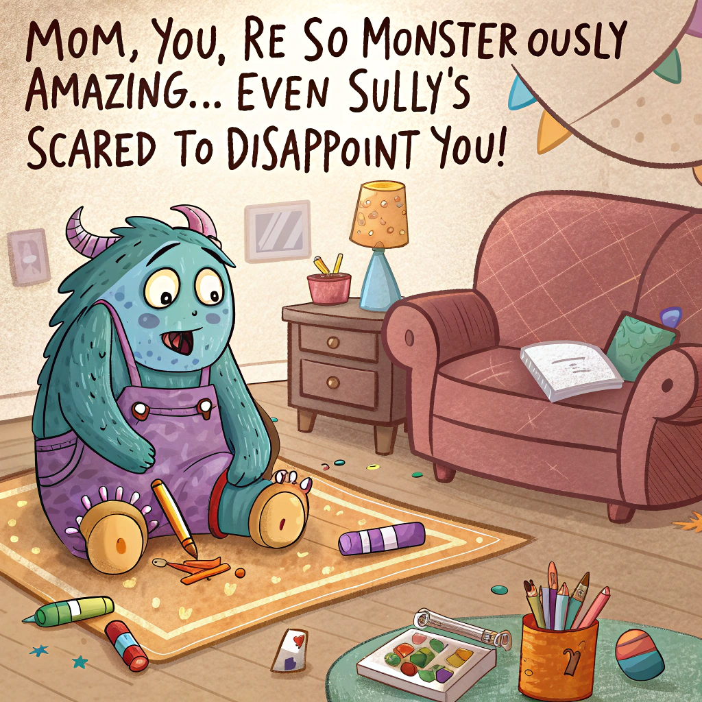 At the top of the image, "Mom, You’re So Monster-ously Amazing… Even Sully’s Scared to Disappoint You!"

- Illustrate a playful cartoon-style scene inside a messy living room. Boo is sitting cross-legged on the floor holding a glitter-covered “#1 Mom” crayon drawing proudly above her head, grinning mischievously.

- Behind her, Sully is wearing an apron that says “Fearsome Chef,” sweating nervously while juggling burned pancakes, spilled orange juice, and a gift box that's accidentally caught fire at the corners.

- The walls behind are decorated with colorful, chaotic “Happy Mother’s Day” signs and scribbled monster doodles stuck on crookedly.

- A three-eyed sock monster is peeking from under the couch holding a coffee mug labeled “Moms Make Monsters Behave.”

- The overall tone is vibrant, chaotic, and filled with silly little visual gags, highlighting Mom’s legendary patience even in monster-level messes.
Generated with these themes: Sully from monsters inc, and Boo from monsters inc.
Made with ❤️ by AI.