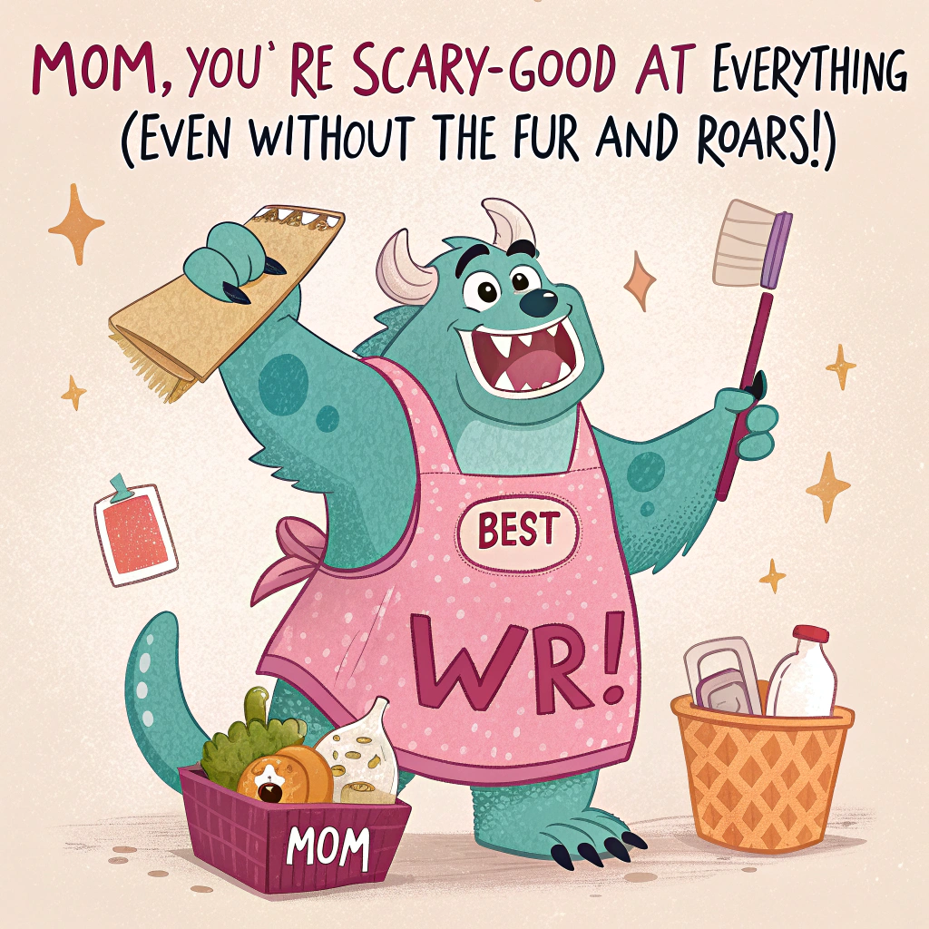 At the top of the image, "Mom, You’re SCARY-GOOD at Everything (Even Without the Fur and Roars!)"

- In the center of the illustration, depict Sully (from Monsters, Inc.) wearing an oversized pink apron that says "Best Mom Rawr!" while desperately trying to juggle cooking utensils, a mop, and a mountain of laundry. 
- Boo is off to the side with a clipboard, acting as a mini taskmaster with a “To-Do List” titled “Mom Stuff,” checking items off while sipping juice from a sippy cup with sass. 
- Around the chaotic scene are sticky notes floating mid-air with reminders like “Don’t forget snacks!”, “Fix the monster under my bed!”, and “Cuddle quota: full!”
- Add bright colors and silly motion lines for comic effect. 
- Background can feature an open monster portal emitting more mess (because why not?).
Generated with these themes: Sully from monsters inc, and Boo from monsters inc.
Made with ❤️ by AI.