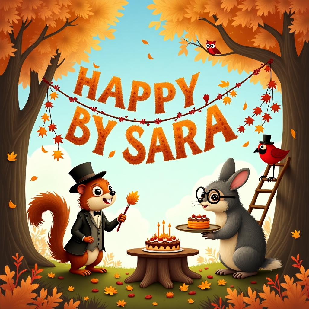 The scene unfolds in a whimsical, enchanted forest during the vibrant fall season, brimming with shades of amber, gold, and fiery red. In the foreground, a quirky woodland creature—a dapper squirrel in a tiny, tailored waistcoat and bowler hat—stands on a tree stump, holding a minuscule paintbrush. The squirrel is joyously painting “Happy Birthday, Sara!” in a swirling banner of colorful autumn leaves cascading down from the branches above. Each letter of "Sara" is formed by intricately arranged leaves of different hues and sizes, giving the impression of a leaf mosaic. To the right, a hedgehog wearing oversized round glasses is using a ladder made from twigs to hang strings of acorns and berries, creating a rustic garland between two towering oak trees. In the background, a rabbit with a monocle and a tiny top hat holds a leaf-shaped platter, upon which sits a cake adorned with marzipan mushrooms and frosting made to resemble fallen leaves. The cake has a candle shaped like a tiny pumpkin. Dappled sunlight filters through the canopy, casting playful shadows and illuminating a small family of field mice, who are gathered around a fallen log set as a dining table, complete with tiny leaf plates. Overhead, the sky is a perfect, crisp blue with fluffy clouds, and high in the tree branches, a wise old owl watches the festivities with a gentle, knowing smile. Perched nearby, a red cardinal peeks from behind a branch, its vibrant feathers echoing the colors of the leaves. This delightful scene captures the charm of fall and the joy of celebrating Sara’s birthday amidst the whimsical wonders of the woodland.
Generated with these themes: fall leaves.
Made with ❤️ by AI.