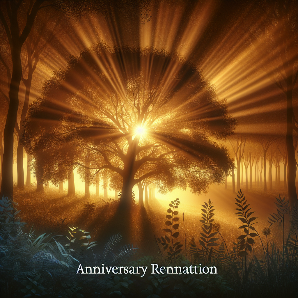 An anniversary rendition showing the silhouette of the Tree of Life against the backdrop of an early morning sunrise. The rays of the sun intricately weave through the leaves, casting an illuminating golden sheen over the undergrowth of the surrounding forest. The scene encapsulates the tranquility of dawn, serving as a symbolic representation of growth and the strength of enduring connections with the advent of a new yearly cycle.
Generated with these themes: Sunrise in a forest through the tree of life .
Made with ❤️ by AI.