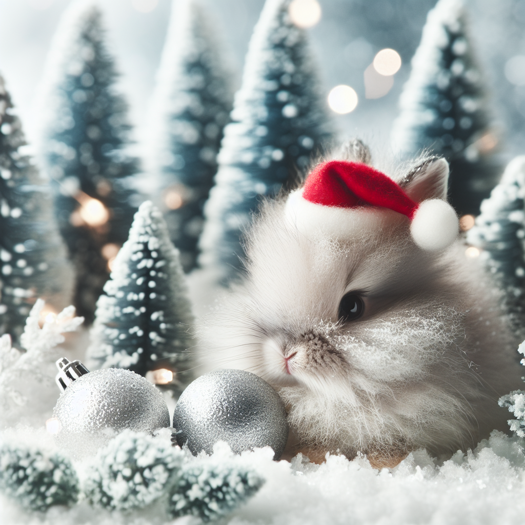 A snow-dusted scenery with a small, fluffy bunny nestled among miniature pine trees adorned with twinkling lights. Its fur is a soft grey, blending with the wintry landscape. A tiny red Santa hat perched atop its head adds a festive touch to its realistic appearance.
Generated with these themes: bunny.
Made with ❤️ by AI.