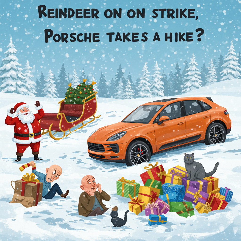 Foreground crashed sleigh with santa scratching his head, Background crashed orange porsche macan, Bald man sitting upset, Slender woman with hands on hips, Grey british shorthair cat, Presents scattered around in snow drift, and Christmas Card