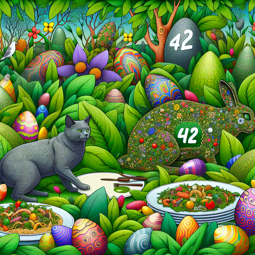Create a surreal vector landscape illustration inspired by Easter, where grey cats with imaginative patterns are playfully frolicking amidst oversized, vibrant green plants which reflect the biodiversity and rich colors of traditional Indian gardens. Hidden within the excessive foliage, vegetarian banquet spreads that brilliantly showcase colorful and mouthwatering plant-based dishes, deeply influenced by Indian cuisine, are materializing. The number 42, which holds a special place in this unique realm, subtly appears in various forms such as hidden eggs, plant petals, or leaves throughout the landscape, creating an engaging Easter egg hunt.
Generated with these themes: Grey cats, Green plants, India, Vegetarian, and 42.
Made with ❤️ by AI.