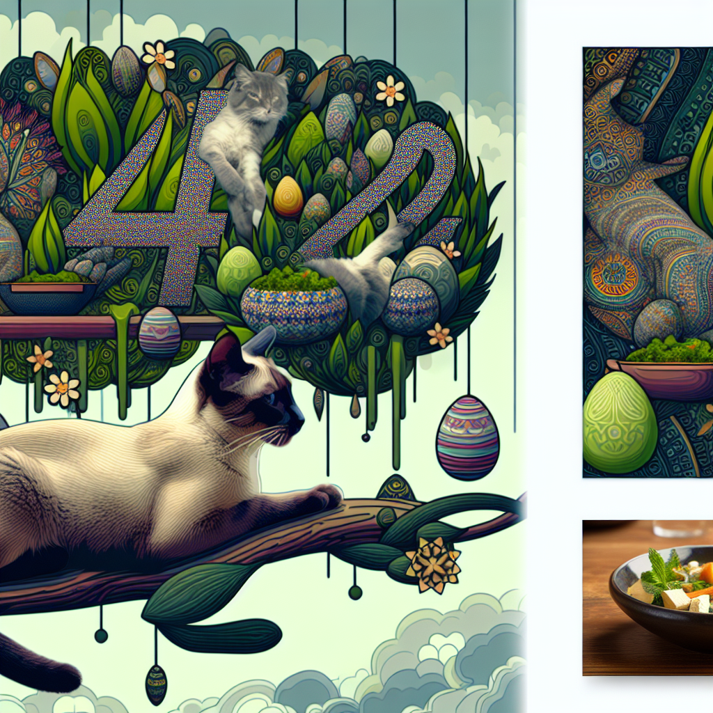 Imagine a vector-style dreamscape celebrating Easter in a unique way. Picture elongated grey cats, reminiscent of breeds from Japan, lounging on branches of immense green plants adorned with intricate Indian motifs. Below, a well-presented vegetarian feast lies, evocative of a detailed Indian meal. The aesthetic continuity of the scene is marked by the recurring presence of the number 42. This number is subtly incorporated into the decoration and textures of the scene, establishing a surreal link between the Easter celebration, the grey cats, and the lush surroundings.
Generated with these themes: Grey cats, Green plants, India, Vegetarian, and 42.
Made with ❤️ by AI.