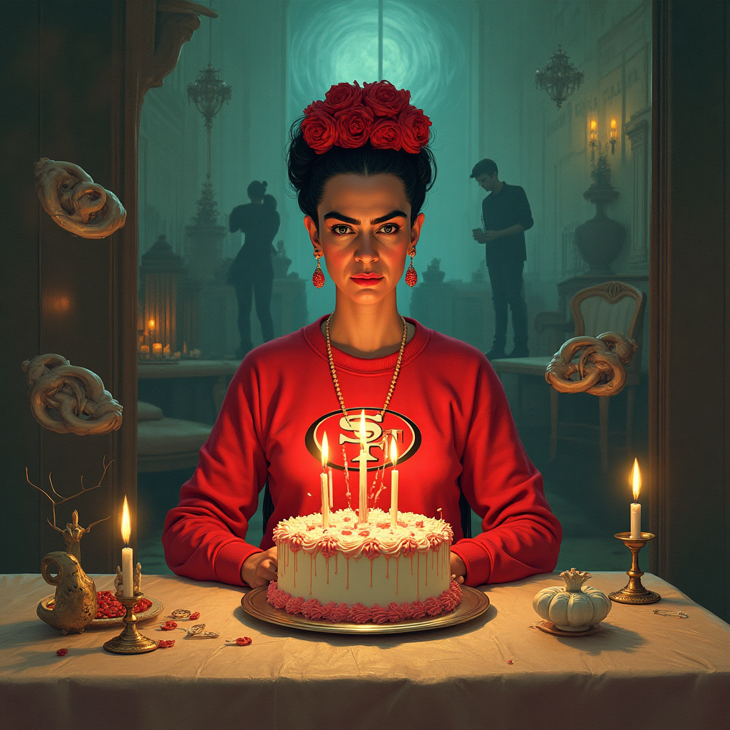 Seance with freida kahlo wearing san francisco 49ers sweatshirt. candles on birthday cake., and Birthday Card