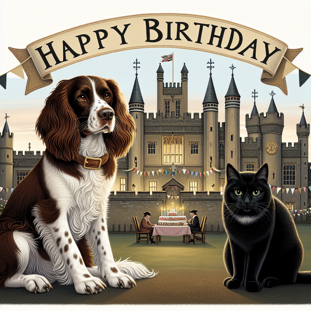 A thoughtfully designed birthday illustration displaying a brown and white Springer Spaniel sitting faithfully next to an all-black cat. Both animals are looking towards a castle that brings to mind the architectural grandeur of the Tudor era. The castle is decorated with festive banners that hint at celebration but maintain the dignity of the scene. The sky is transitioning into night, providing a calm and peaceful ambiance to the setting. Within the castle, merrymakers are seen partaking in a refined and subdued birthday celebration.
Generated with these themes: Brown and white springer spaniel, All black cat, The tudors, and Castle.
Made with ❤️ by AI.