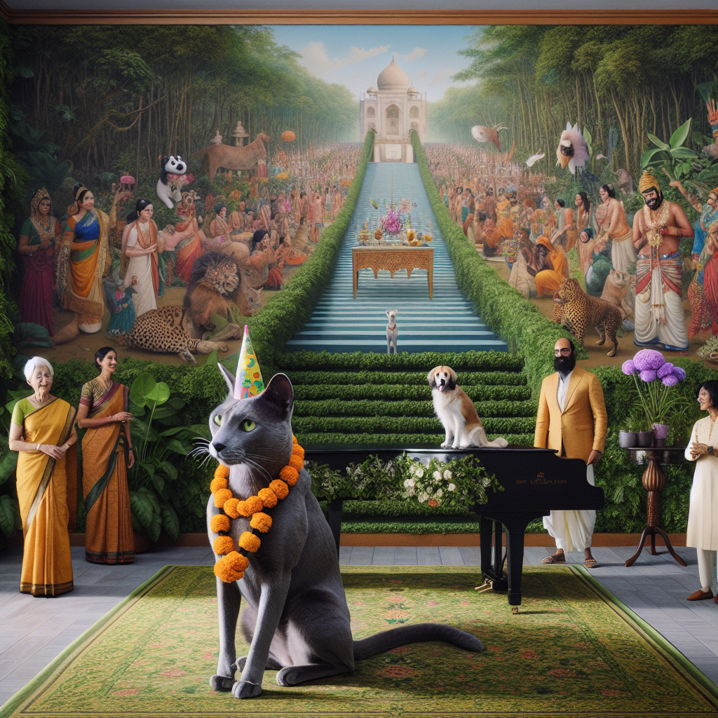 Imagine a whimsical yet surreal scene celebrating a 42nd birthday in a room filled with verdant flora to give it an appearance of a jungle. At the center of this room, a statuesque grey cat is sitting proudly on a grand piano, wearing a tiny party hat. A gentle Bracco dog, adorned with marigold garlands evoking traditional Indian festivities, moves around welcoming vegetarian attendees of different genders and descents, such as Caucasian and South Asian. The walls in this area are adorned with intricate tapestries illustrating vibrant scenes from India, seamlessly merging surreal aspects with reality.
Generated with these themes: Grey cat, Bracco dog, India , Vegetarian , Plants, 42.
Made with ❤️ by AI.