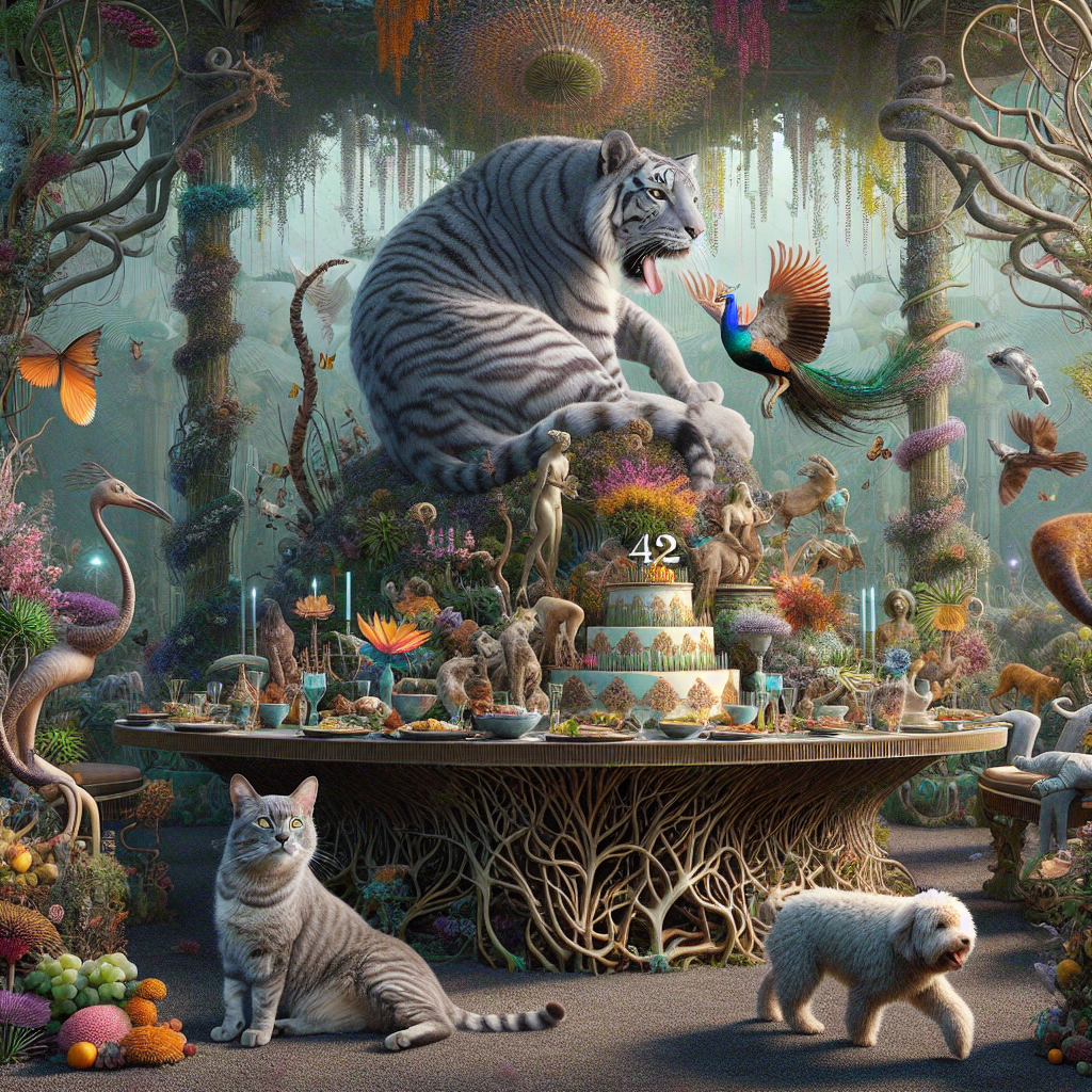 Imagine a dreamlike garden inspired by Indian biodiversity, having a surreal aspect. A grey cat, as large as a tiger, lounges under a canopy of exotic plants that glows with an otherworldly radiance. In the vicinity, a Bracco breed dog with wings made of peacock feathers playfully interacts with guests of different descents and genders. A lavish feast, solely vegetarian, occupies an intricately crafted table resembling intertwined living branches. At the heart of the table, a cake bears the number 42, symbolic of the life cycle, adding to the surrealism and vibrant atmosphere of this flourishing utopia.
Generated with these themes: Grey cat, Bracco dog, India , Vegetarian , Plants, 42.
Made with ❤️ by AI.