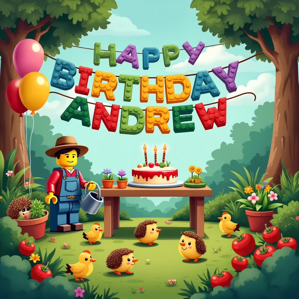 A vibrant and playful cartoon birthday scene centered around Andrew, set in a lush backyard garden. In the background, a large happy birthday banner stretches between two trees, incorporating colorful Lego blocks spelling out 'Happy Birthday Andrew.' Below, a garden table is set with a cake designed like a Lego brick, with tiny fondant hedgehogs and chickens clustered around its base. On the grass, cartoonish chickens and hedgehogs roam amidst Lego vegetable plants. On the left, a Lego figure version of Andrew, wearing a gardener's hat, holds a watering can, showering a flower bed where a cheerful hedgehog pops out. Balloons in the shape of garden veggies float above.
Generated with these themes: Lego, Gardening, Chickens, and Hedgehogs.
Made with ❤️ by AI.