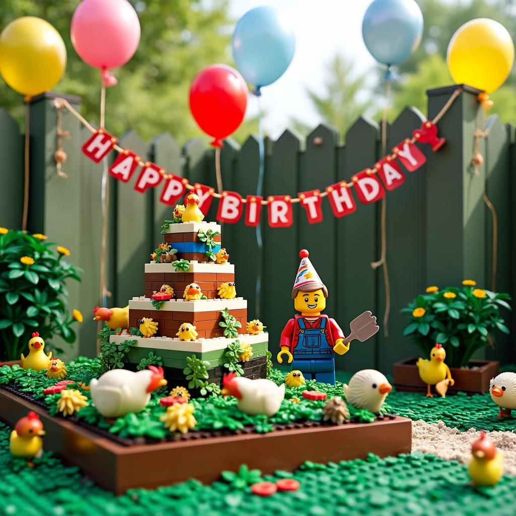 This scene unfolds in a bright, cartoonish backyard set for Andrew's birthday celebration. Foreground shows a meticulously crafted Lego garden plot with miniature chickens pecking at the ground while hedgehogs hide amongst the plants. In the center, Andrew, depicted as a Lego character complete with a birthday hat and a trowel in hand, stands beside a towering birthday cake made to resemble a stack of giant Lego bricks. The cake features a garden theme with edible figures of chickens and hedgehogs. Off to the side, a 'Happy Birthday Andrew' banner is draped across the fence, each letter crafted from Lego bricks entangled with fondant ivy. Realistic balloons shaped like hedgehogs and chickens hover overhead, tied to the garden's fence posts.
Generated with these themes: Lego, Gardening, Chickens, and Hedgehogs.
Made with ❤️ by AI.