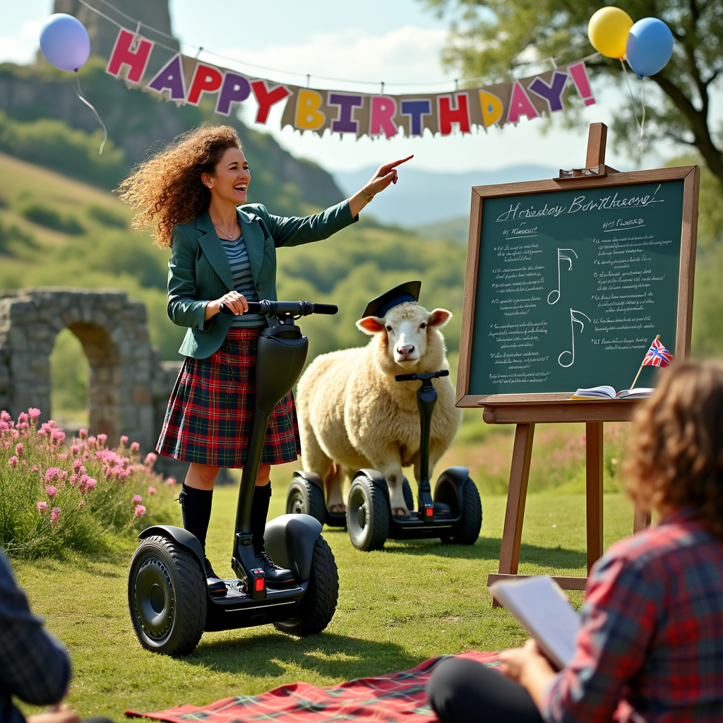 In the foreground, a spirited teacher, equipped with a pointer and clad in a kilt adorned with the tartan pattern of Runrig, stands on a sleek, modern Segway. Her curly hair bounces as she enthusiastically lectures to a group of students seated on tartan picnic blankets, their notebooks open and pens at the ready. The background features a grassy hillside dotted with blooming heather and a whimsical, ancient stone circle that hints at a magical Scottish landscape. To the right, an oversized blackboard propped on an easel shows the teacher's hand-drawn lesson plan, featuring musical notes and lyrics from Runrig's famous songs. 

Near the stone circle, a mischievous sheep, also on a Segway, attempts to join the class, wearing a small graduation cap tilted jauntily on its head. In the distance, a lively highland cow waves a tiny Scottish flag with its tail, cheering on the scene. Behind the teacher, a banner strung between two trees reads "Happy Birthday!" in colorful, bold letters, with balloons tied to each end swaying in the breeze. Every element comes together to create a dynamic, humorous, and detailed scene that celebrates teaching, Scottish culture, and the playful use of Segways, all while wishing someone a very happy birthday.
Generated with these themes: Runrig, Teaching, and Segway.
Made with ❤️ by AI.