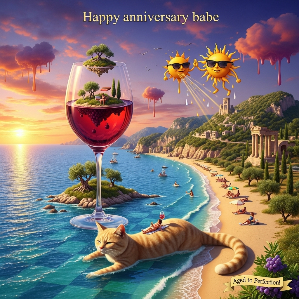Corfu, sun, glass of wine, and Anniversary Card