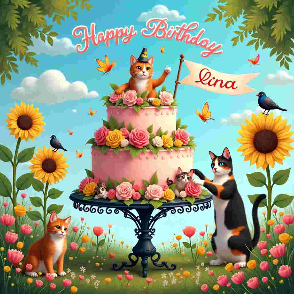 In this whimsical birthday card scene, a vibrant and imaginative garden unfolds in full bloom under a radiant blue sky. The focal point is an ornate, Victorian-style wrought-iron garden table, lavishly adorned with an enormous, three-tiered birthday cake. The cake is whimsically crafted to look like a blooming garden itself, with layers of marzipan roses, daisies, and tulips in a kaleidoscope of pastel colors. Nestled among the sugar petals are playful cats, each one sporting a unique, quirky hat made from leaves and flower petals. One fluffy ginger tabby is playfully batting at a daisy on the top tier, while a sleek Siamese with bright blue eyes peers curiously at a butterfly perched on a rosebud.

Surrounding the table is a lush meadow filled with wildflowers swaying gently in a soft breeze. Among the flowers, cats of various colors and sizes play hide-and-seek, with only their tails and ears peeking out above the colorful blooms. A particularly adventurous calico cat lounges lazily atop a massive sunflower, watching the scene unfold with a serene gaze.

In the sky, a cluster of fluffy clouds drifts lazily by, forming the name "Альбина" in elegant, cursive script. Below this cloud-written name, a flock of tiny birds arranges themselves into a playful pattern, as if orchestrating a symphony of joy. To the right, a banner strung between two tall sunflowers reads "Happy Birthday" in playful, curling letters, completing the jubilant atmosphere of the scene.
Generated with these themes: Cats flowers.
Made with ❤️ by AI.