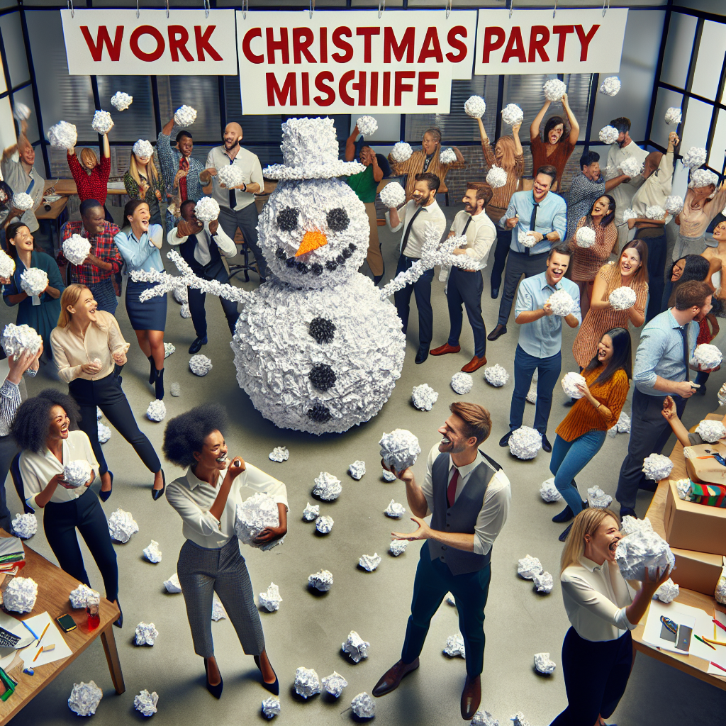 A playful image showing a snowman made out of crumpled paper balls in the center of an office, with employees having a snowball fight using paper instead of snow, and 'WORK CHRISTMAS PARTY MISCHIEF' is emblazoned at the top.
Generated with these themes: WORK CHRISTMAS PARTY MISCHIEF.
Made with ❤️ by AI.