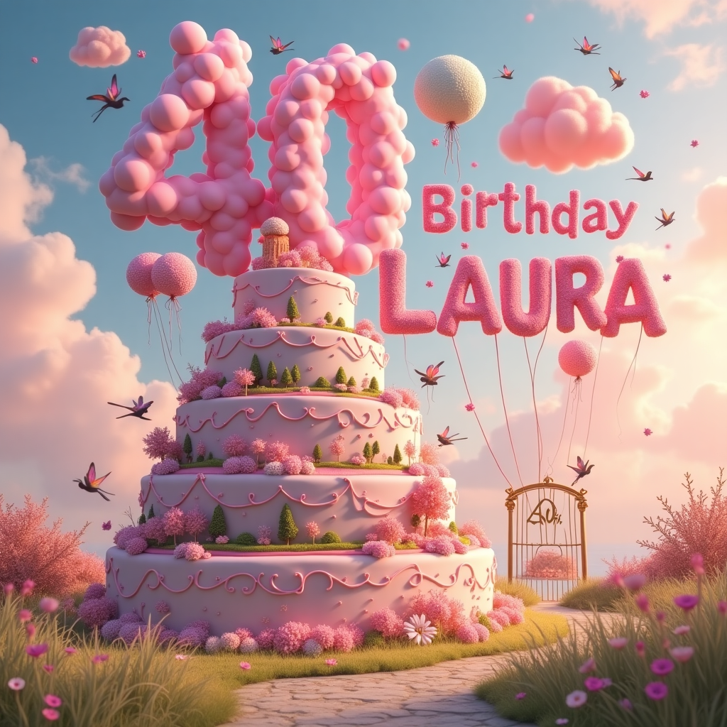 In this fantastical birthday card scene, we find ourselves in a whimsical meadow under a vast, surreal sky painted in dreamy pastels of pink, lavender, and soft orange. In the center of this meadow stands a giant, towering birthday cake sculpted in the shape of the number "40." Each tier of the cake is adorned with intricate designs of swirling pink sparkles that shimmer and dance with the breeze. The cake itself is embellished with delicate sugar flowers in shades of blush and magenta, and its icing glistens as if dusted with stardust.

Floating effortlessly around the cake are clusters of vibrant balloons, each balloon containing a tiny floating world inside—miniature landscapes with rolling hills, tiny forests, and twinkling lakes. These balloons are tethered with ribbons that spell out "Happy 40th Birthday" in elegant cursive letters, each one crafted from a silky, translucent material that catches the sunlight, creating a rainbow of colors.

In the sky, a series of fluffy, cotton-candy clouds have been arranged to spell out "LAURA" in grand, sweeping letters. These clouds are softly illuminated from within, casting a warm glow over the scene. Amongst the clouds, flocks of whimsical birds with jewel-toned feathers flit about, playfully weaving in and out of the letters, adding a touch of movement and life to the sky.

To the side of the cake, a little path made of polished stones winds through the meadow, leading to a golden, ornate gate with "40" etched in its arch. Beyond the gate, a serene garden can be glimpsed, hinting at further adventures and milestones awaiting Laura. The entire scene is a harmonious blend of fantastical elements, each detail thoughtfully arranged to celebrate this milestone birthday in a unique and imaginative way.
Generated with these themes: Happy 40th Birthday LAURA, 40, Balloons , and Pink sparkles .
Made with ❤️ by AI.