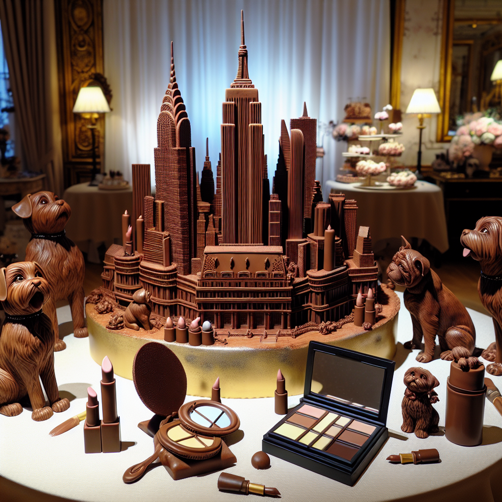 Imagine a sophisticated and indulgent birthday scene set in a likeness of New York. The centerpiece is a striking, artfully crafted chocolate sculpture that resembles the city's distinctive skyline. It is surrounded by cake decorations inspired by makeup items like candles shaped like lipsticks and cake toppers that look like compact mirrors. Playfully adding a unique touch to the scenery are lifelike, artisanal chocolate figures of dogs, each detailed with incredible precision, seemingly interacting with the guests throughout the room.
Generated with these themes: Chocolate , New York , Makeup , and Dogs .
Made with ❤️ by AI.