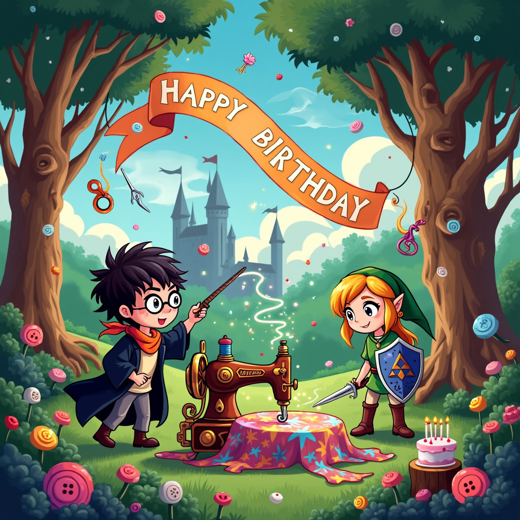 In this vibrant and quirky birthday card scene, the cartoon world merges the magical essence of Harry Potter, the adventurous spirit of Zelda, and the cozy charm of sewing. The setting is a lush, enchanted forest clearing, bursting with oversized, fantastical flowers and towering trees with intricate, twisting roots. 

At the center of the scene stands a whimsical sewing machine, its design reminiscent of the steampunk aesthetic with brass gears and polished wood. From the sewing machine, a colorful thread extends, magically transforming into a birthday banner that winds its way through the trees. The banner reads "Happy Birthday Kirsty-Louise" in sparkling letters that shimmer with a touch of magic.

To the left of the sewing machine, Harry Potter himself is conjuring a spell with his wand, causing floating scissors and needles to dance in the air, stitching together an enormous patchwork quilt. The quilt is filled with patterns featuring iconic symbols like the Triforce from Zelda and the Hogwarts crest, seamlessly blending both universes.

On the right, Link from Zelda is heroically wielding a needle like a sword, fending off a mischievous sewing gremlin who is attempting to tangle the threads. His shield bears the emblem of the Hyrule kingdom, but it is decorated with tiny buttons and pins, adding a humorous touch.

In the background, the Hogwarts castle can be seen perched on a distant hill, with smoke curling up from its chimneys, blending seamlessly into the clouds above. Among these clouds, "Kirsty-Louise" is written with magical sparkles, giving the scene a celestial touch.

Scattered around the forest floor are magical sewing supplies: enchanted pincushions with tiny fairies hovering around them, thimbles that scuttle like little creatures, and spools of thread that levitate and twirl in the air. 

To add a final whimsical touch, the birthday cake, sitting on a tree stump, is shaped like a giant button with icing that looks like intricate embroidery, with candles that twinkle like fairy lights.

This scene, brimming with detail and enchanting crossover elements, tells a unique birthday story for Kirsty-Louise, merging the charm of beloved fantasy worlds with the warmth of a creative hobby.
Generated with these themes: Sewing, Zelda, and Harry Potter.
Made with ❤️ by AI.